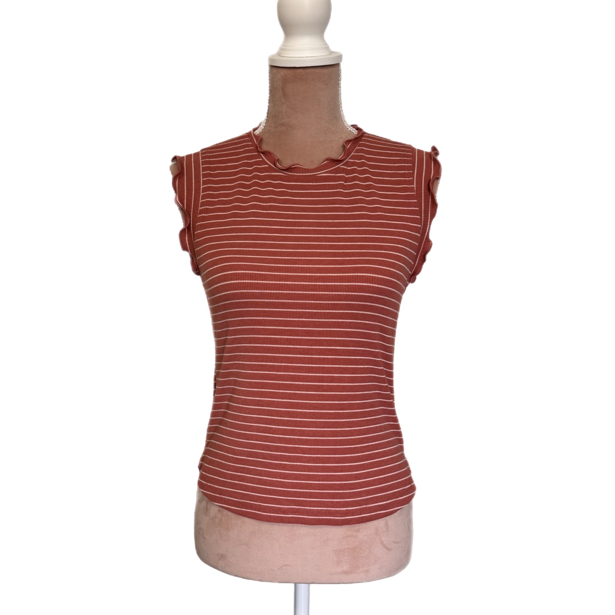 LA MIEL Boho Ribbed Ruffle Trim Striped Tank Top in Terracotta White