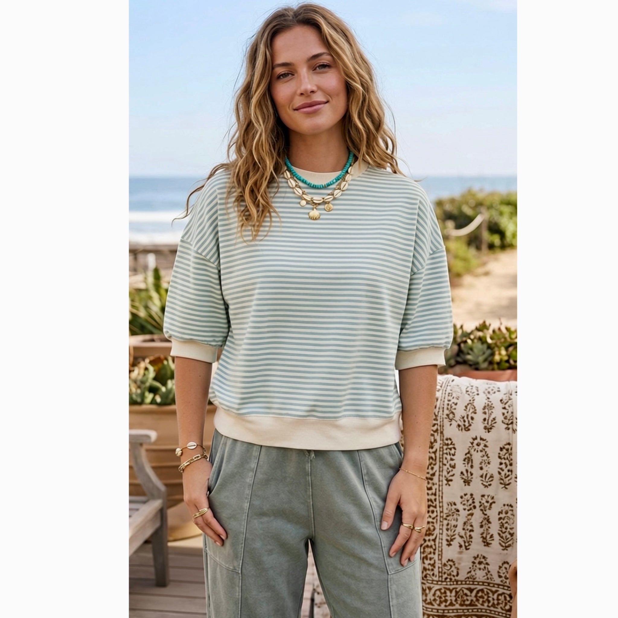 LA MIEL Coastal Stripe Relaxed Pullover Cotton Crew Top in Cream & Blue