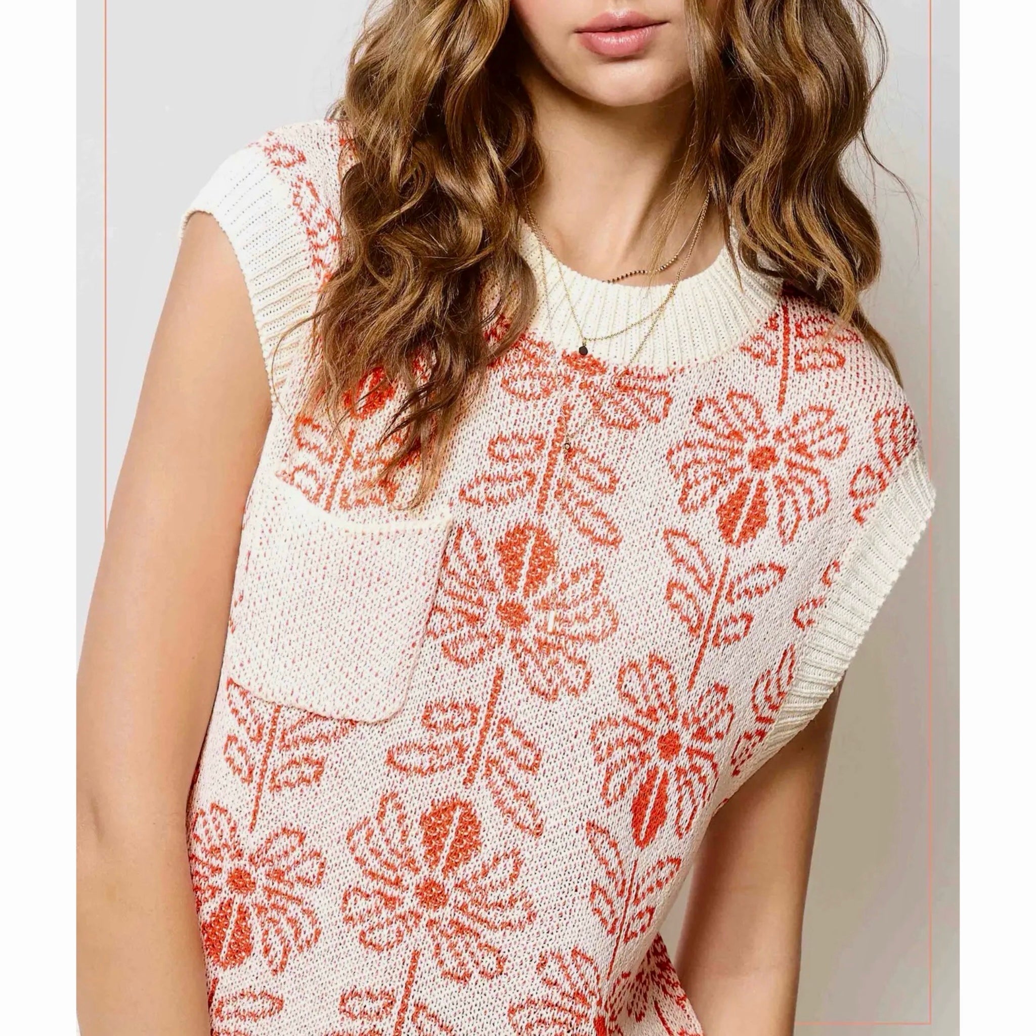 La Miel Floral Knit Sweater Vest Retro Revival Sleeveless Top- Burnt Orange