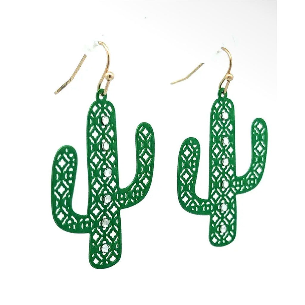 Green Metal Filigree Cactus Earrings 2” Rhinestone Boho Western Jewelry