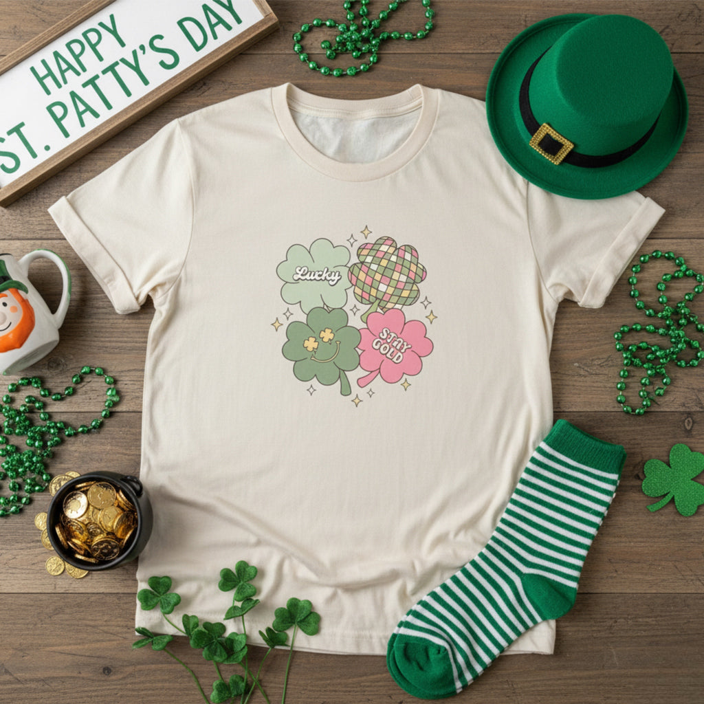 ST PATRICKS DAY “STAY GOLD” Lucky Clover Graphic T-Shirt Retro Tee Cream