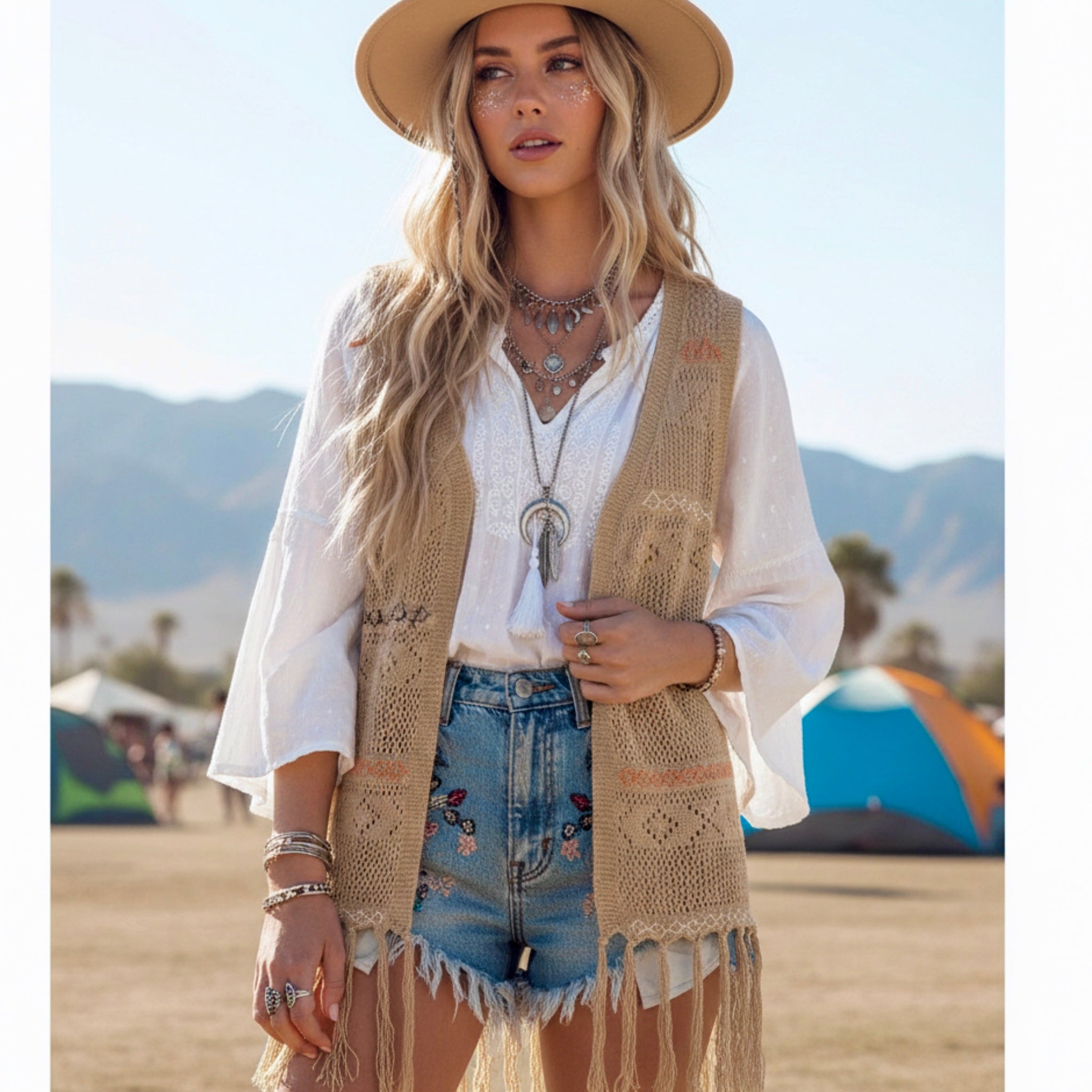 Boho Crochet Fringe Vest Tan Embroidered Open Front Cardigan