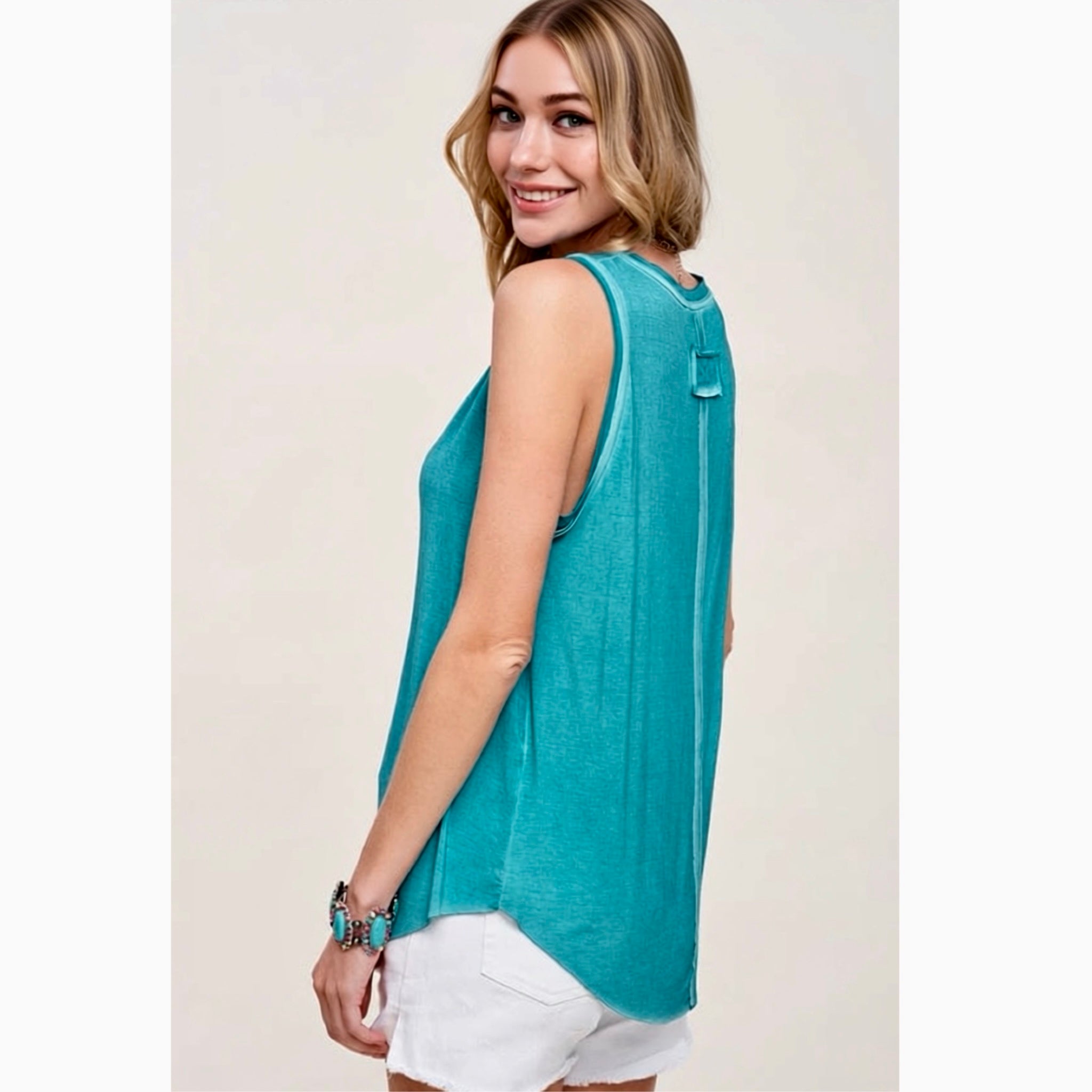 LA MIEL Acid Wash 90s Style Tank Top Raw Hem- Beach Bum Turquoise
