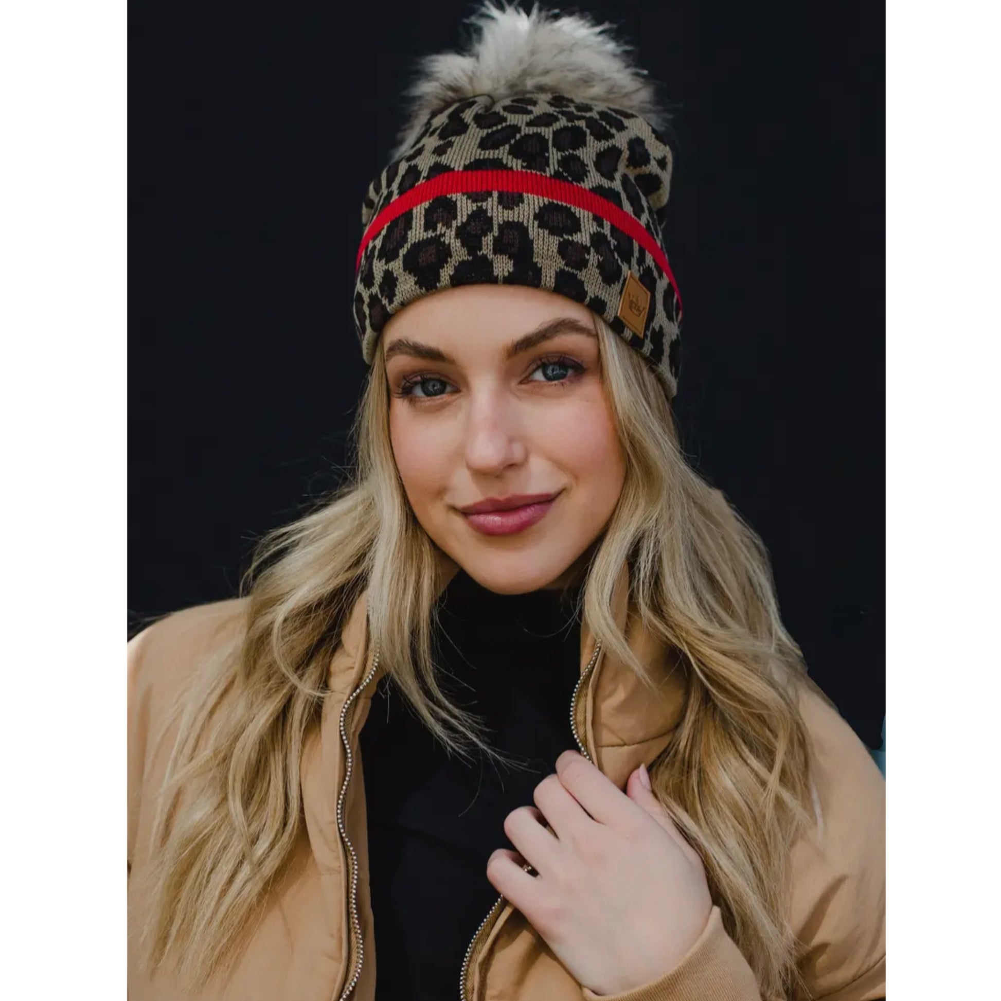 PANACHE Vegan Fur Puff Knit Hat Leopard Print Red Stripe Accent - East Coast Bella LLC