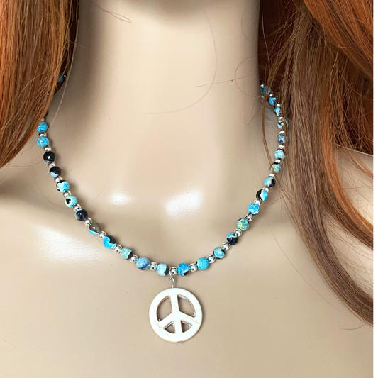 Handmade Beaded Hippie Necklace Ocean Blue Agate Stone Boho Peace Pendant 17”