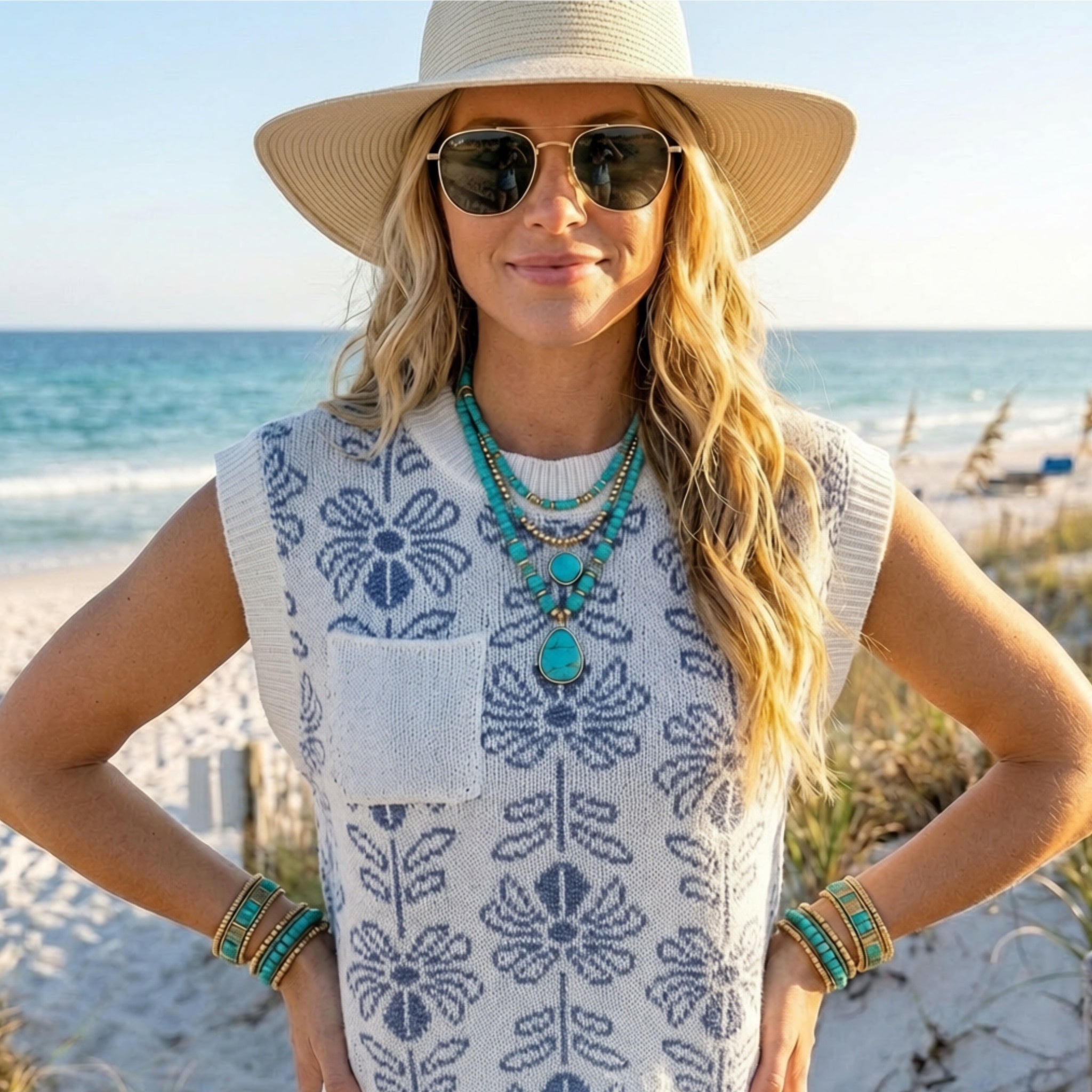 La Miel Floral Knit Sweater Vest Retro Revival Sleeveless Top- Pacific Blue