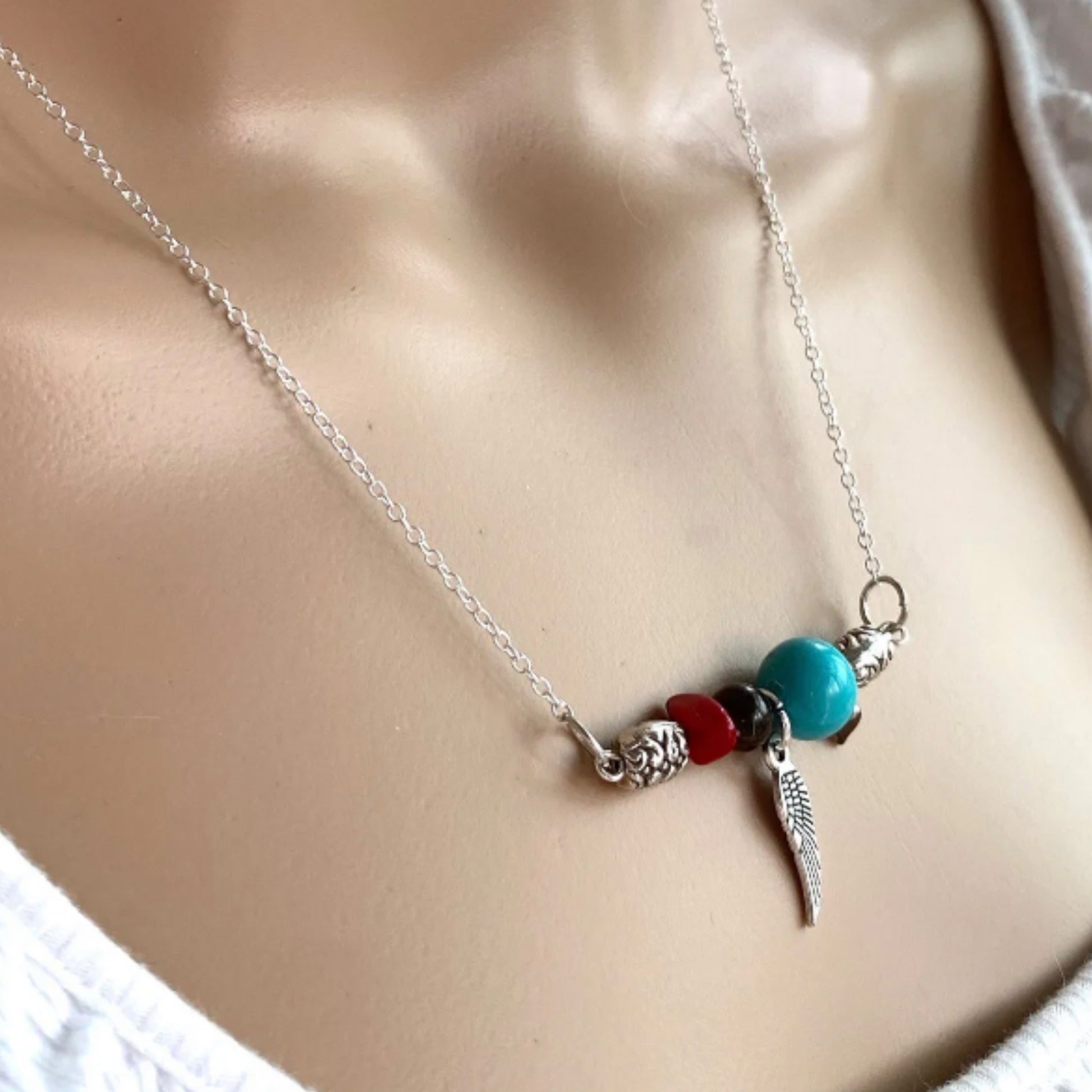 Bella Turquoise Stone Bead Accent Western Style Bar Necklace 925 Silver Plated Copper Chain 19” - East Coast Bella LLC