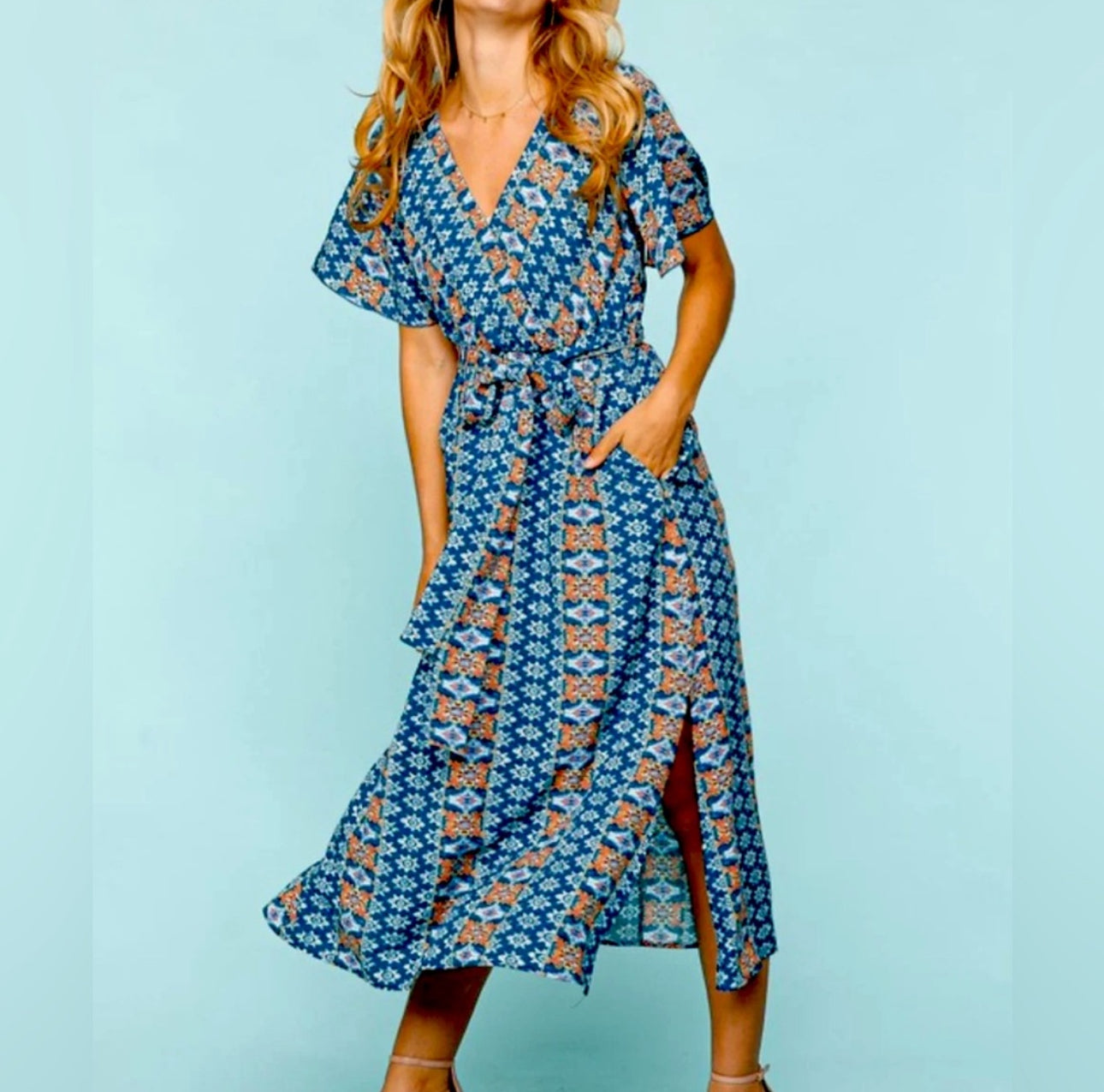 HAPTICS Navy Boho Print Surplice Sash Belt Midi Dress Small Only