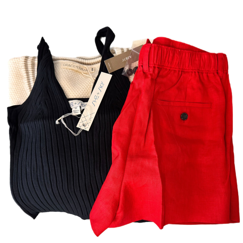 The "Hamptons" Capsule Set: J.Crew Linen Shorts, Grace + Emma Cardigan, Tank 3 Pc