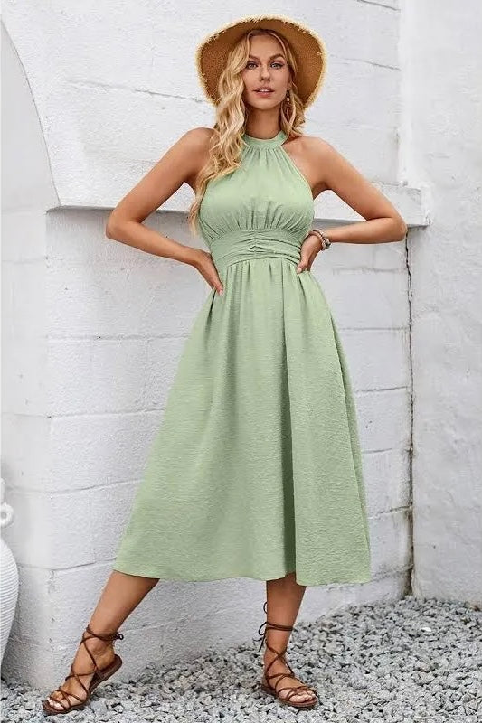 Polka Dot Halter Sleeveless Summer Midi Dress Light Olive
