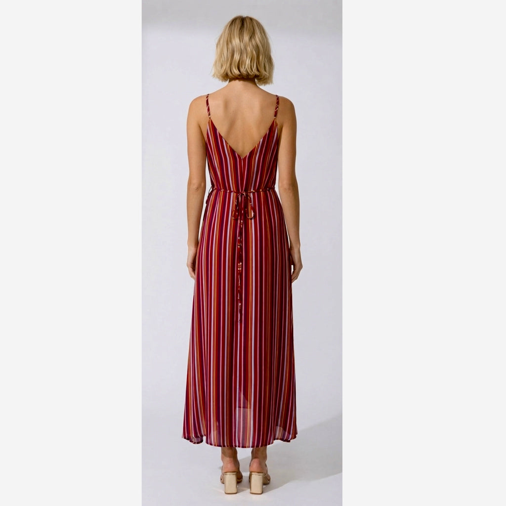 AQUA Women’s Resort Maxi Dress In Wine Stripe Sleeveless Wrap V Neck
