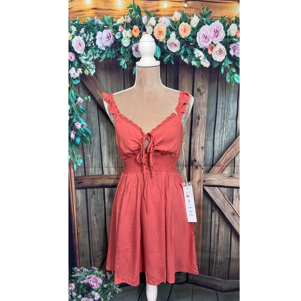 Lumiere Eyelet Ruffle Cami Dress in Coral Stretch Bodice Fit & Flare
