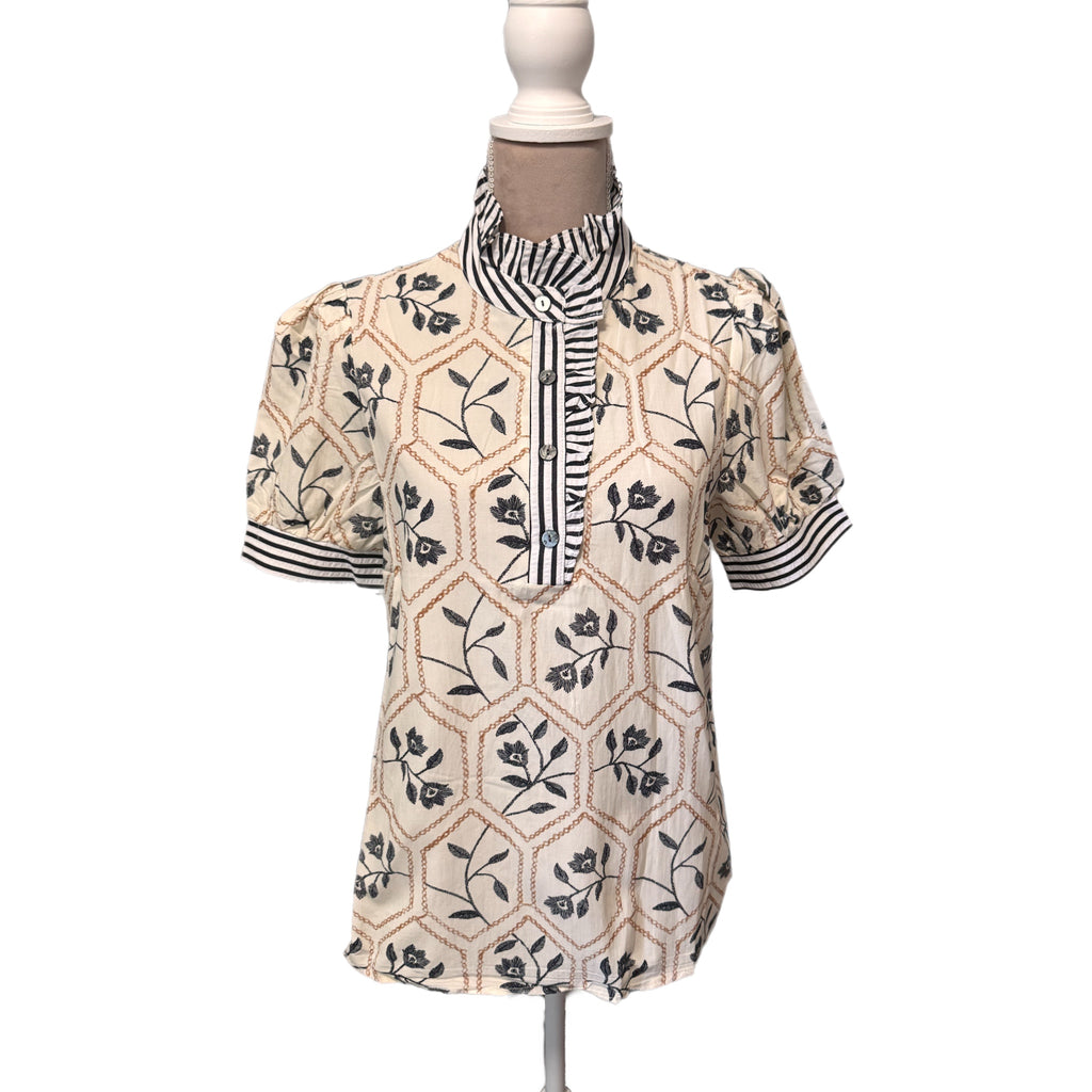 Preppy Aesthetic Floral Stripe Patchwork Ruffle Blouse Puff Sleeve