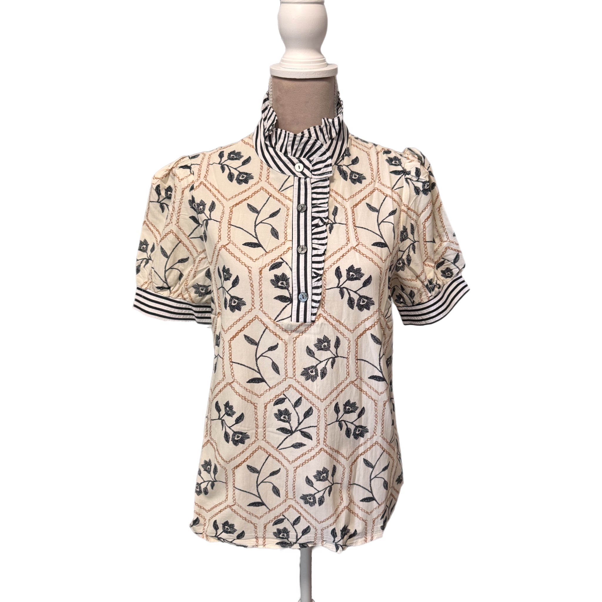 Preppy Aesthetic Floral Stripe Patchwork Ruffle Blouse Puff Sleeve
