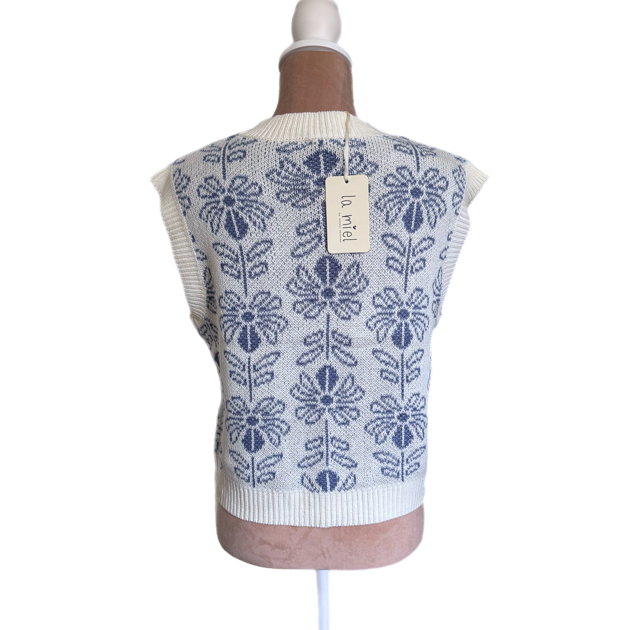 La Miel Floral Knit Sweater Vest Retro Revival Sleeveless Top- Pacific Blue