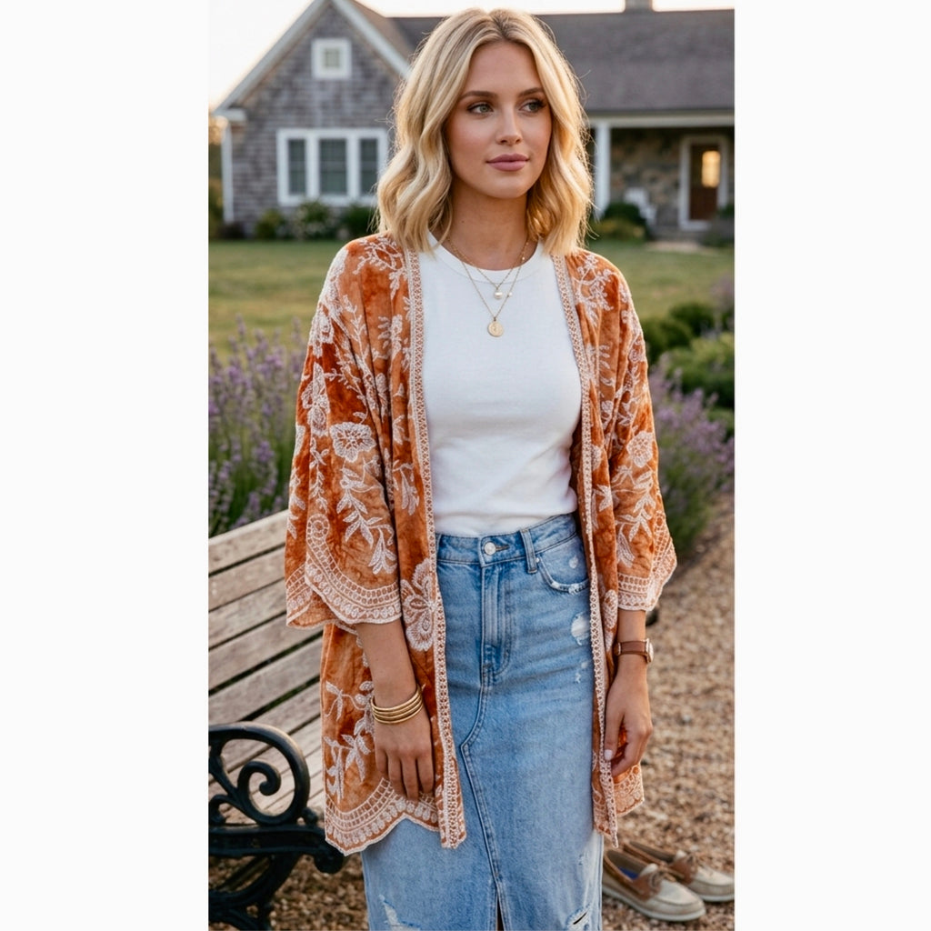 East Coast Bella Boho Embroidered Kimono Top Cover Up Layering Piece One Size