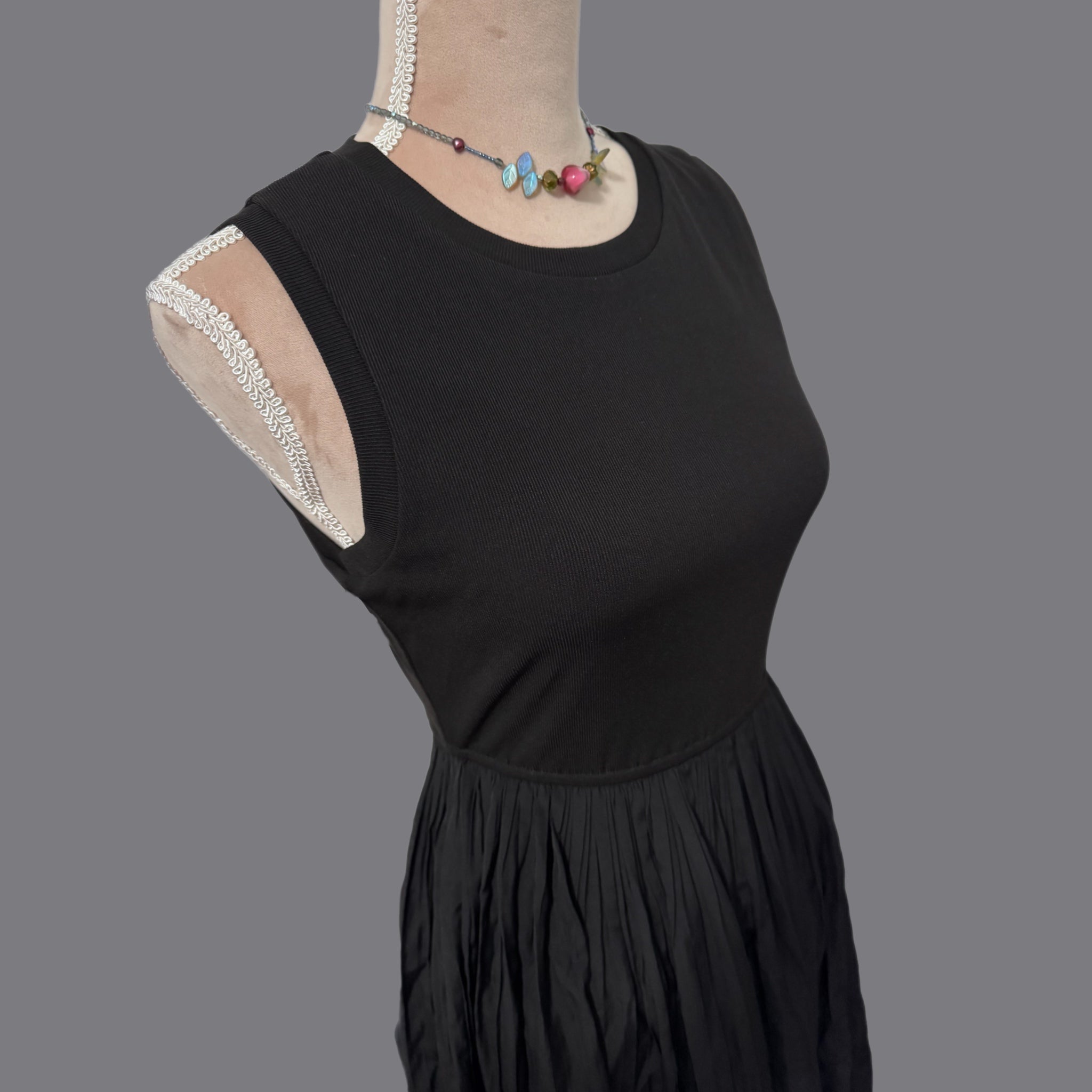 La Miel Mixed Media Tank Dress Ribbed Bodice Fit & Flare in Black