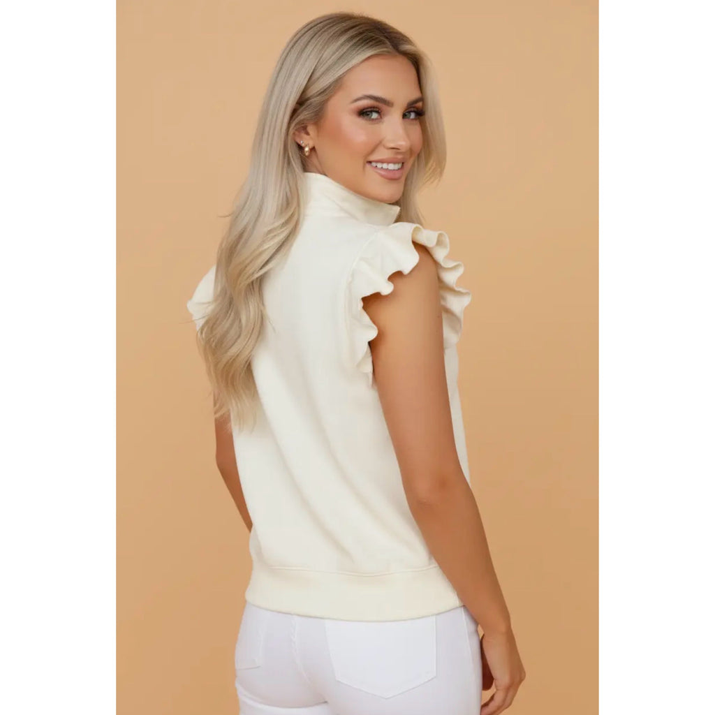Preppy Aesthetic Quarter-Zip Ruffle Short Sleeve Sweater Top Creamy Beige