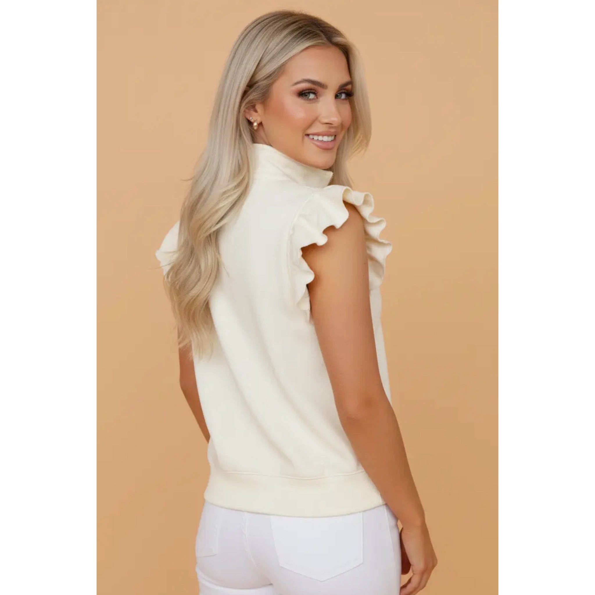 Preppy Aesthetic Quarter-Zip Ruffle Short Sleeve Sweater Top Creamy Beige