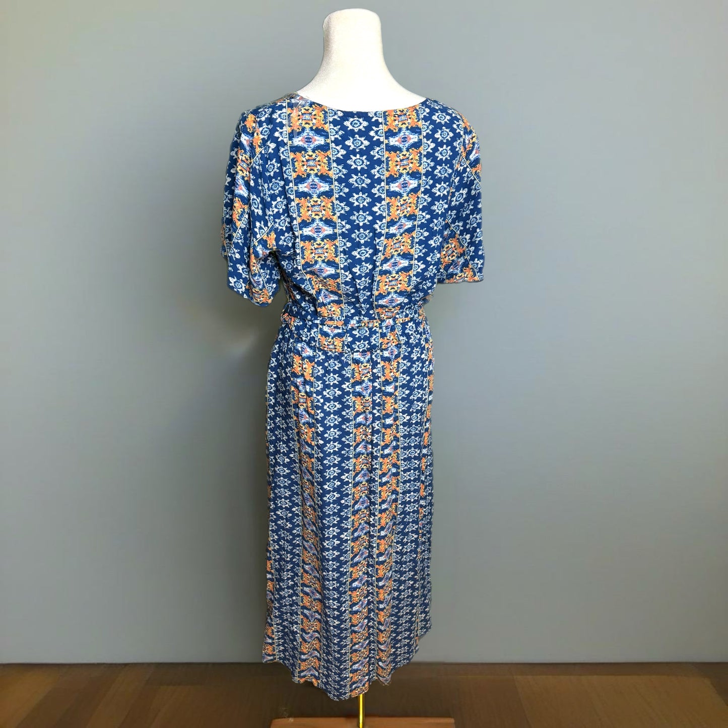 HAPTICS Navy Boho Print Surplice Sash Belt Midi Dress Small Only