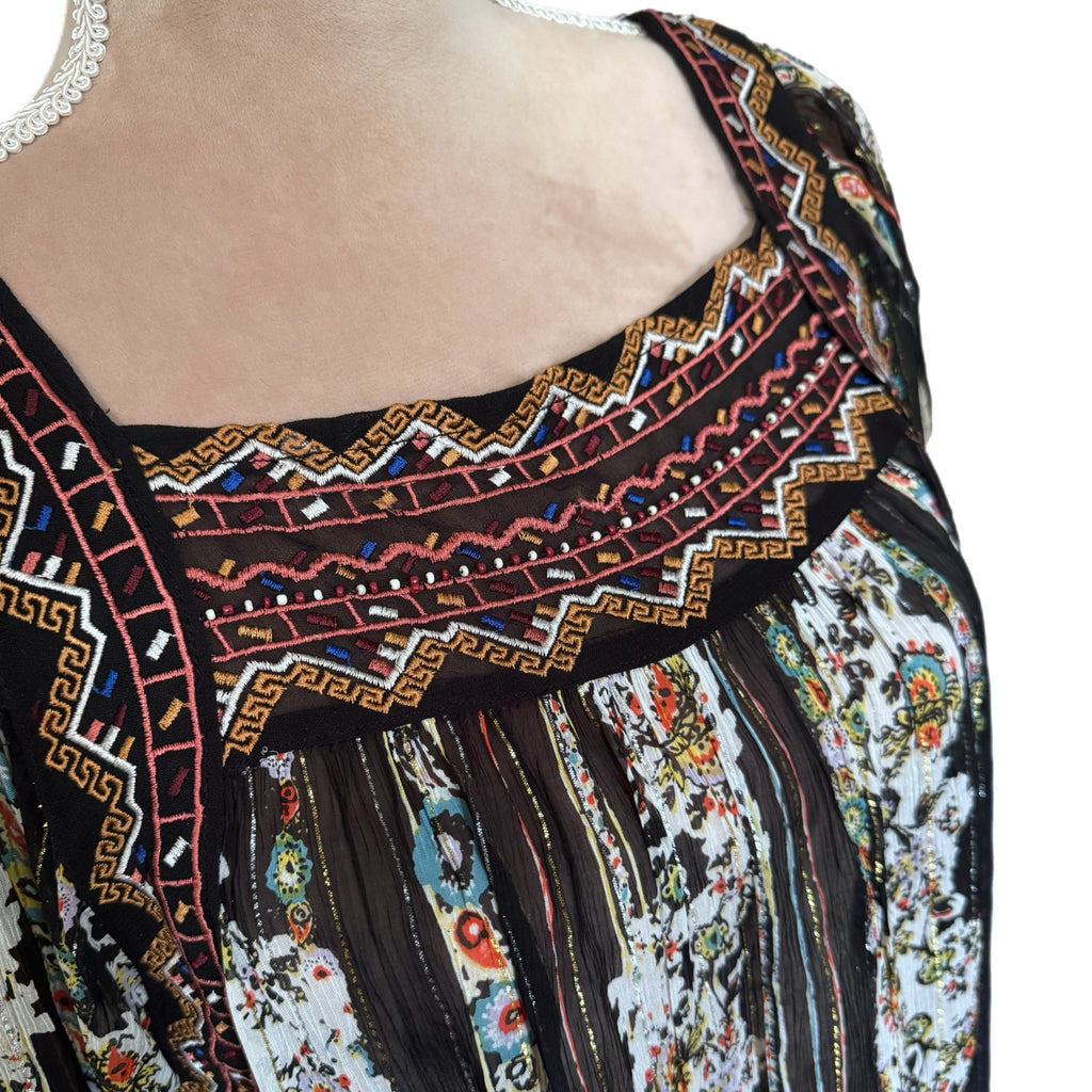 Free People Mini Dress Embroidered Floral Semi-Sheer Boho Black