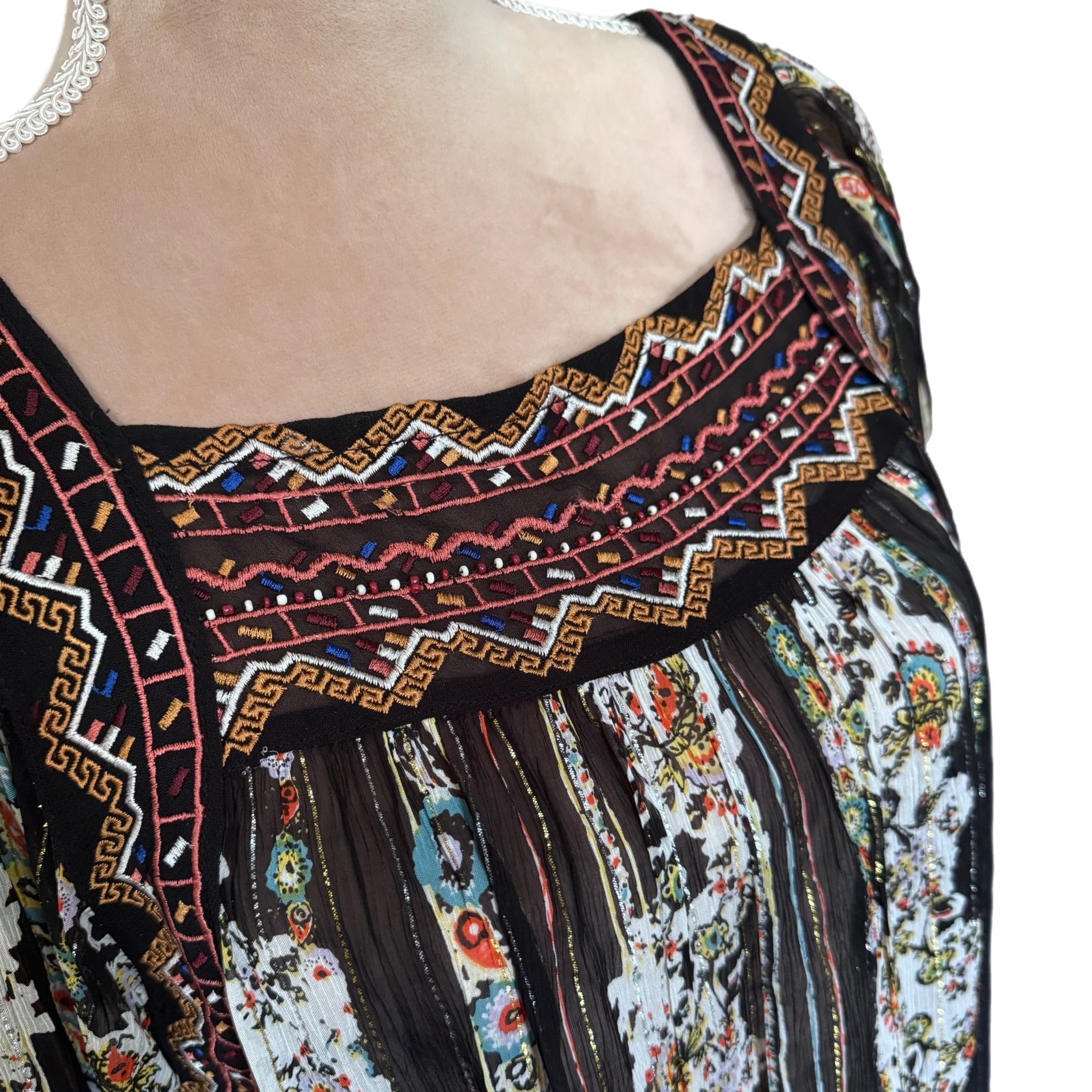 Free People Mini Dress Embroidered Floral Semi-Sheer Boho Black