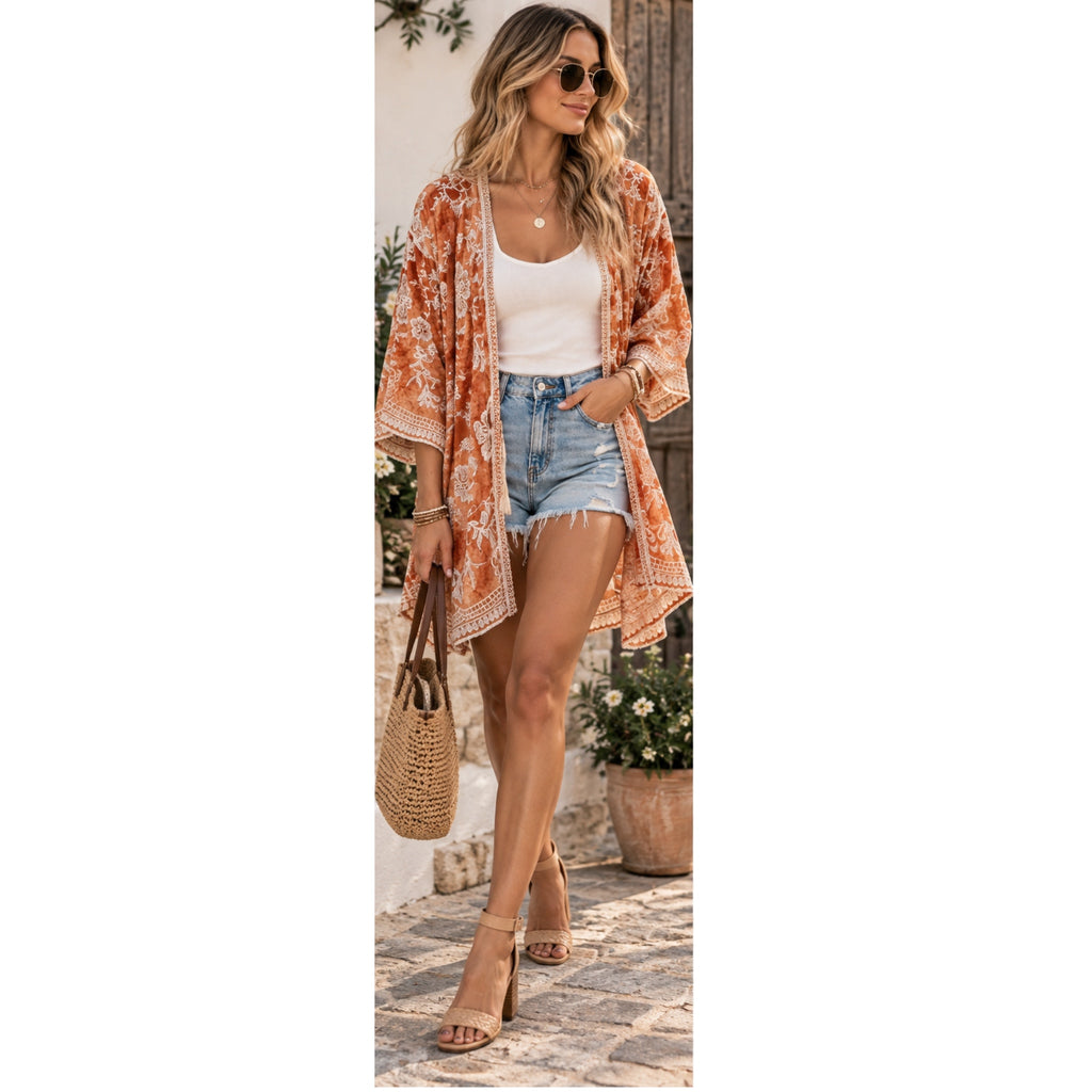East Coast Bella Boho Embroidered Kimono Top Cover Up Layering Piece One Size