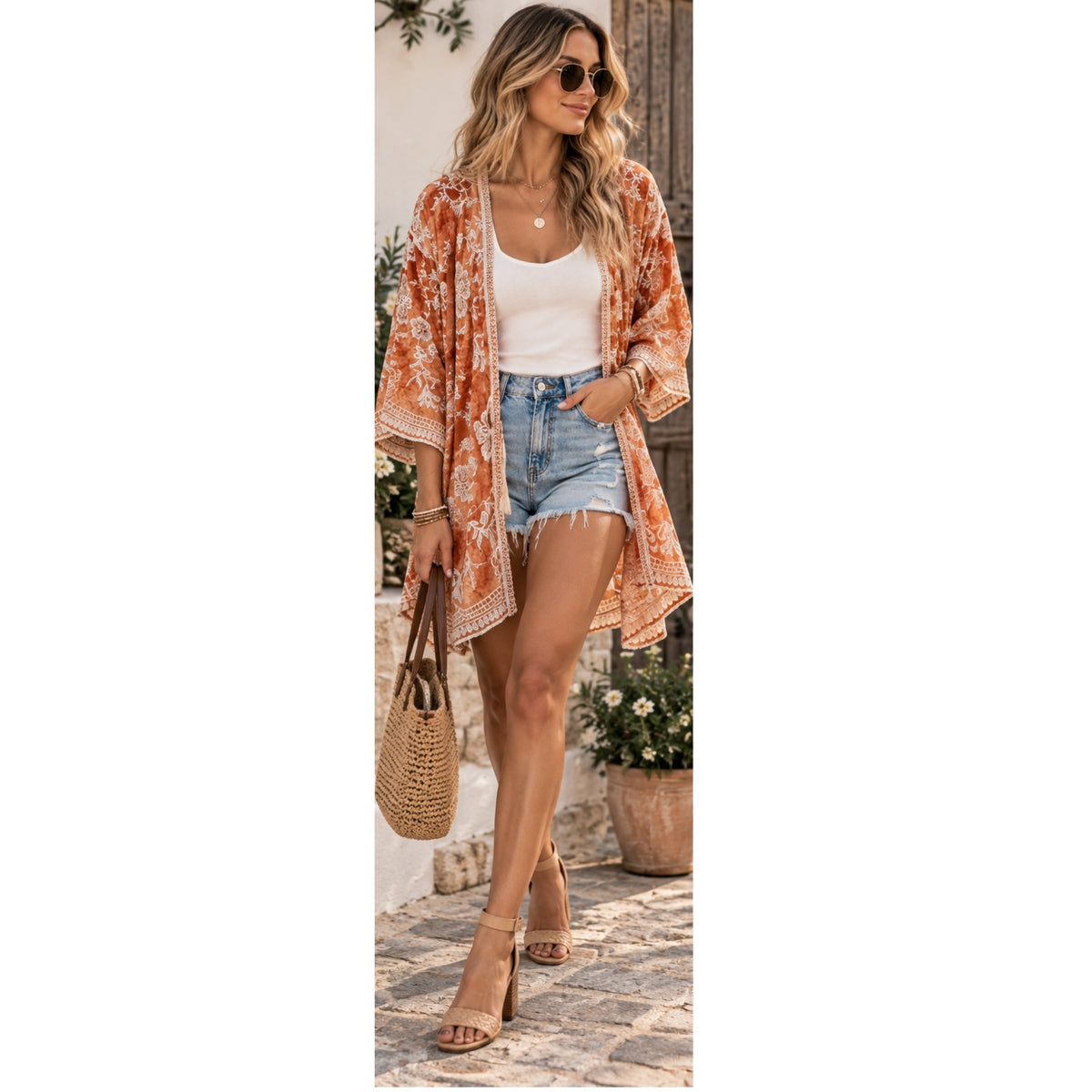 East Coast Bella Boho Embroidered Kimono Top Cover Up Layering Piece One Size