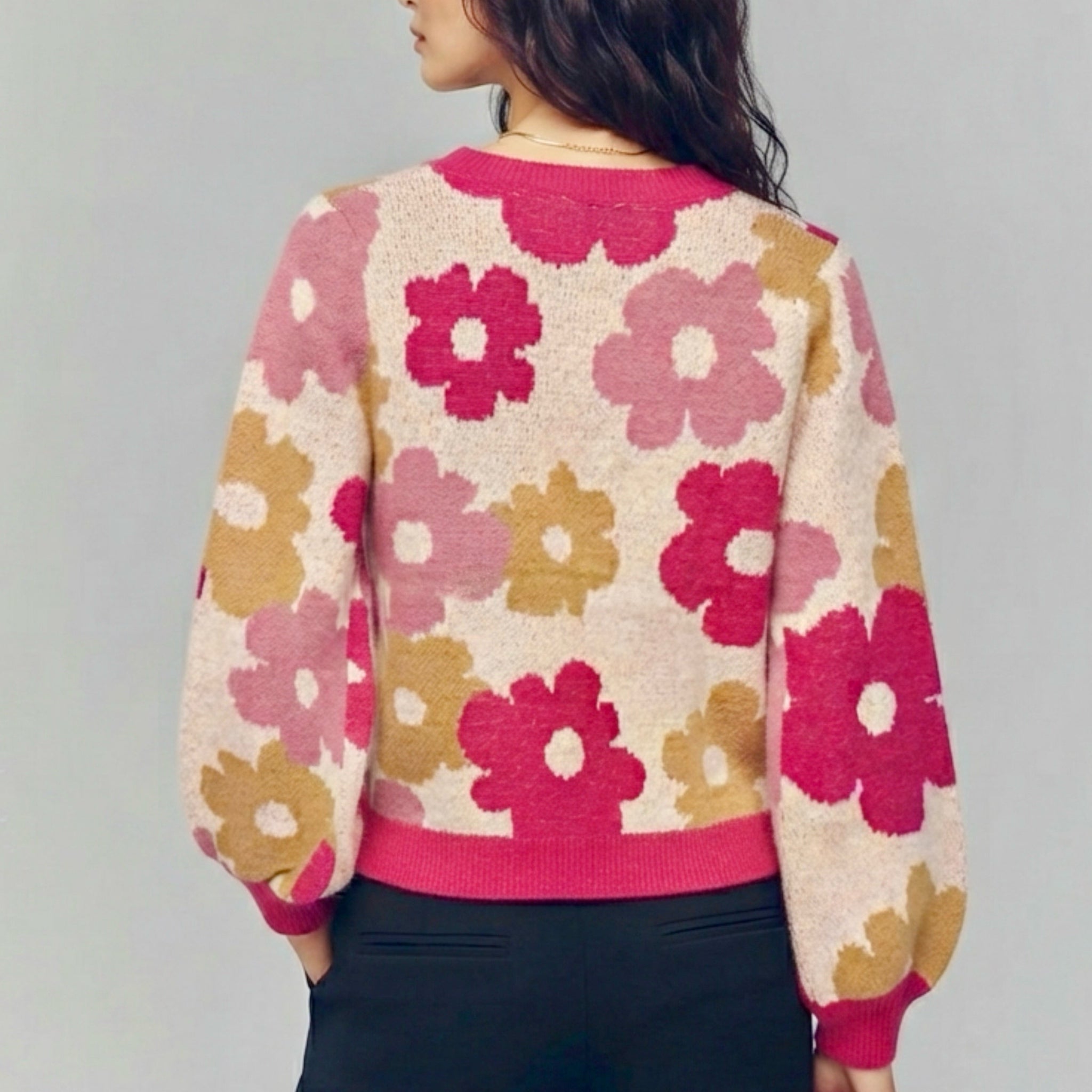 SOUTHERN GRACE Dazed For Days Floral V Neck Sweater in Pink Beige