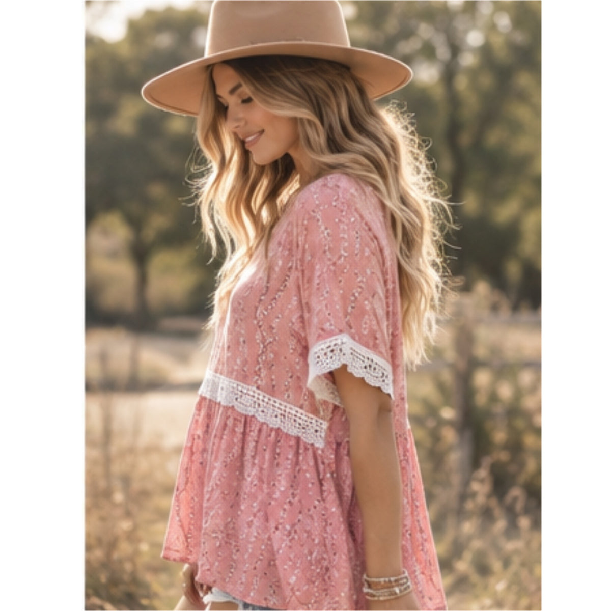 HAPTICS Pink Coral Floral Cottage Crochet Short Sleeve Blouse Top
