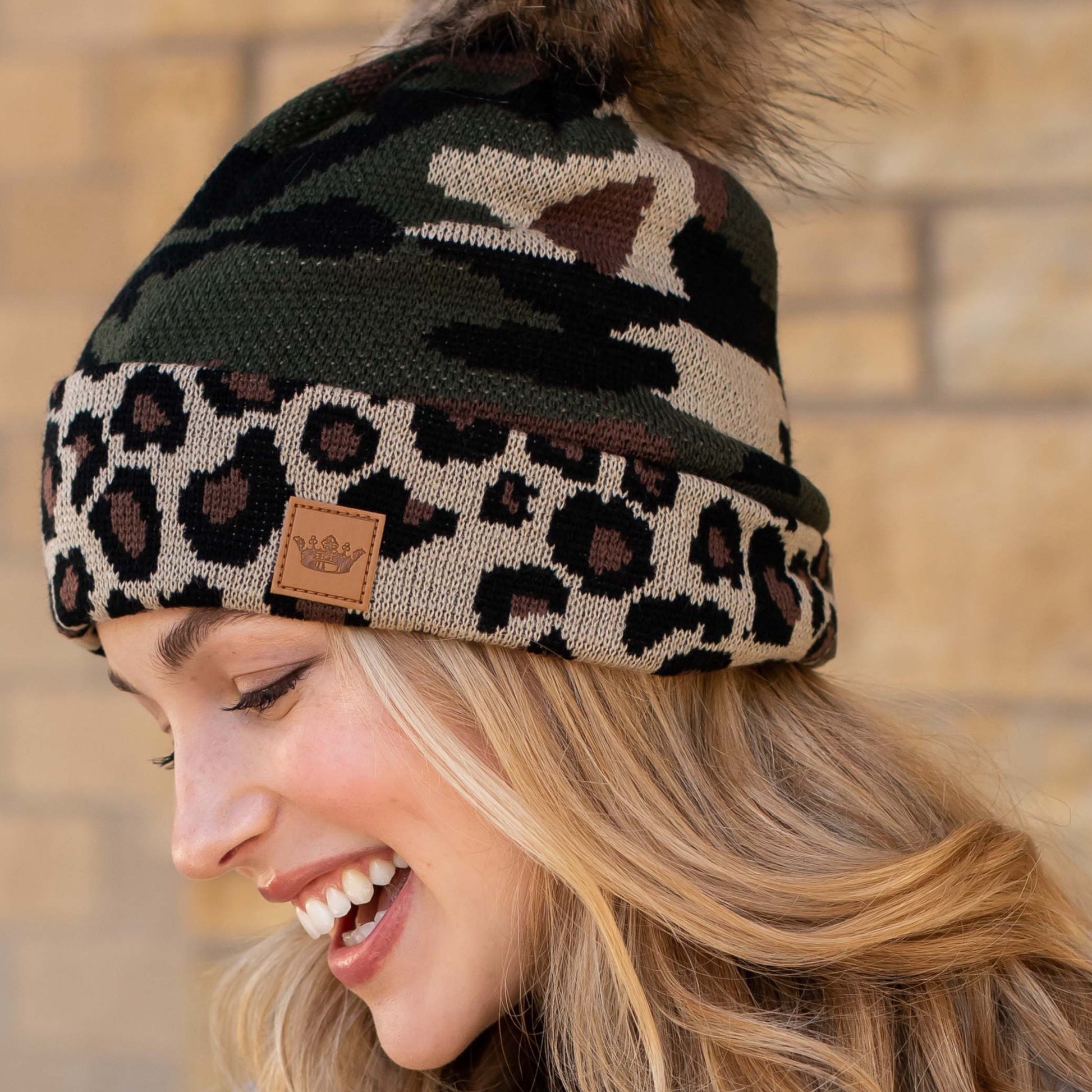 PANACHE Vegan Fur Puff Pom Knit Hat, Fleece Lined, Green Camo Leopard Print Trim Accent - East Coast Bella LLC