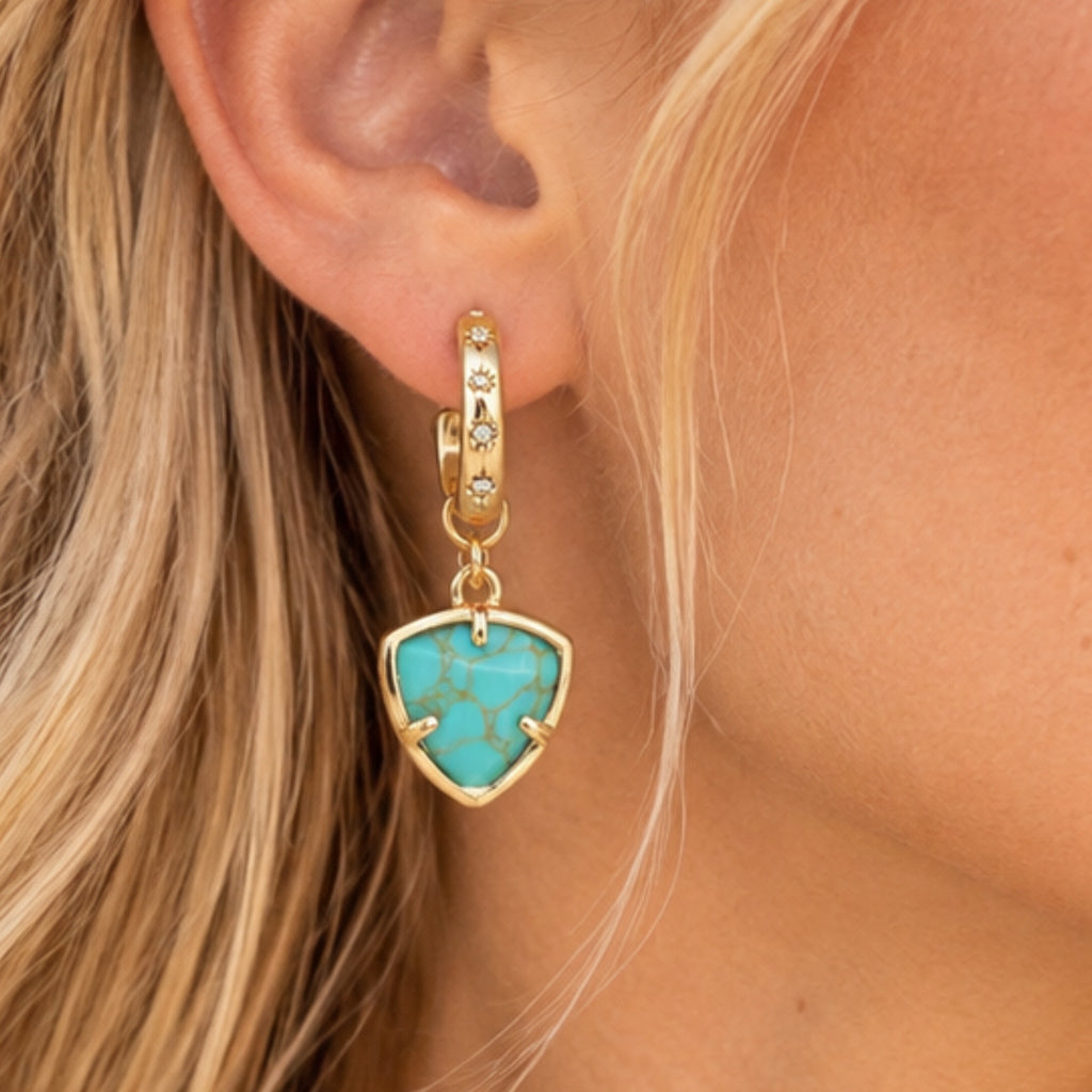 Boho Western Gold-Tone Blue Semi Precious Stone Triangle Dangle Earrings