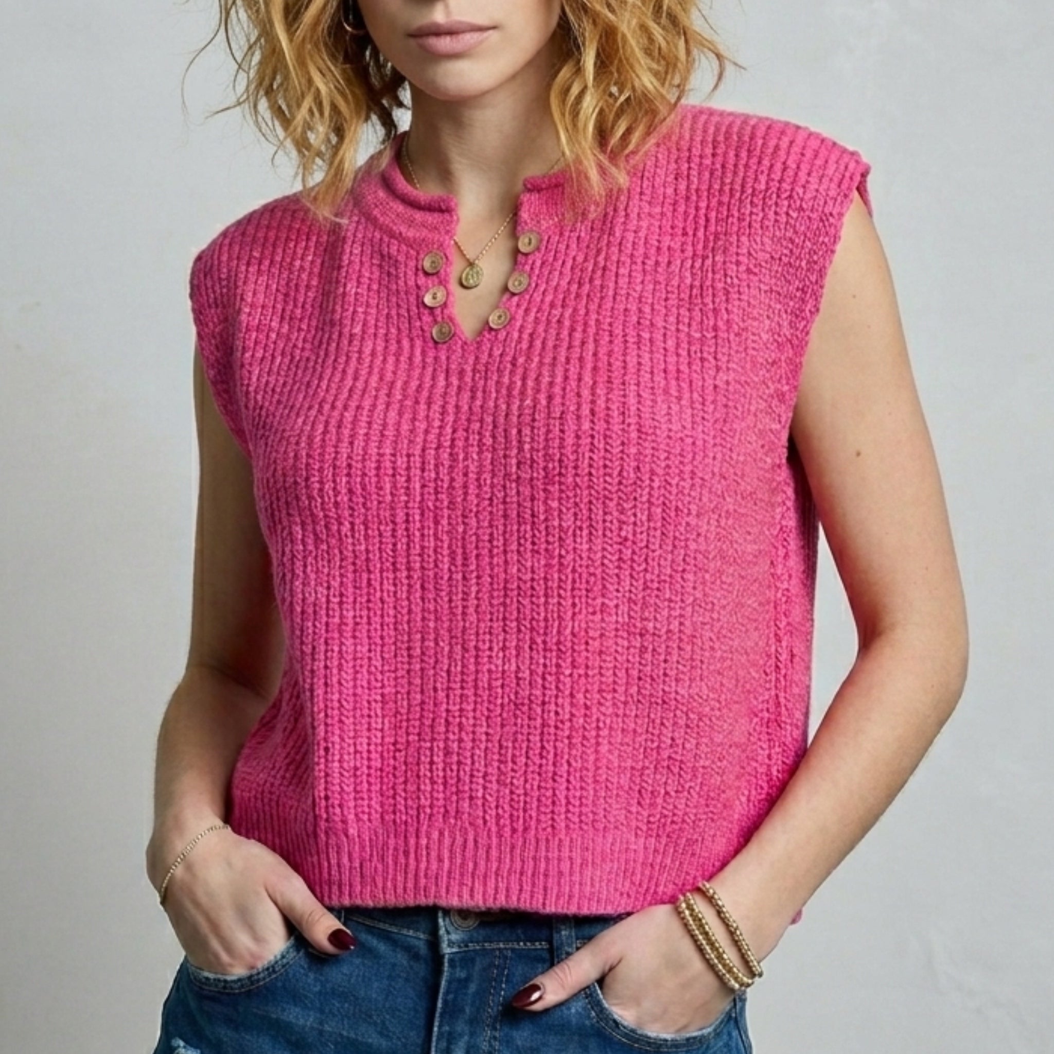 La Miel Slouchy Bouclé Knit Vest in Surfer Girl Pink
