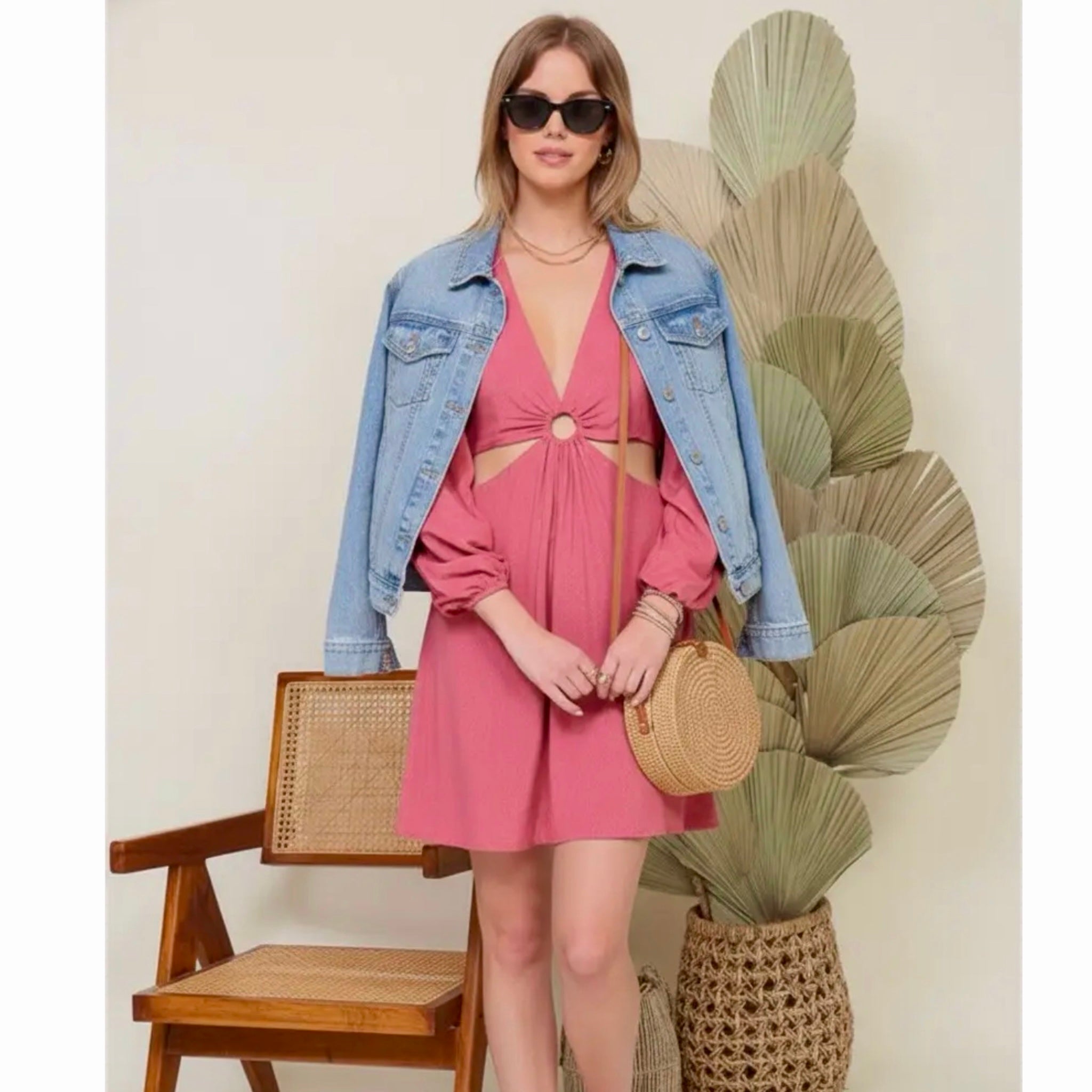 LUMIERE Ring Accent Cut-Out Mini Dress in Rose Sparkle