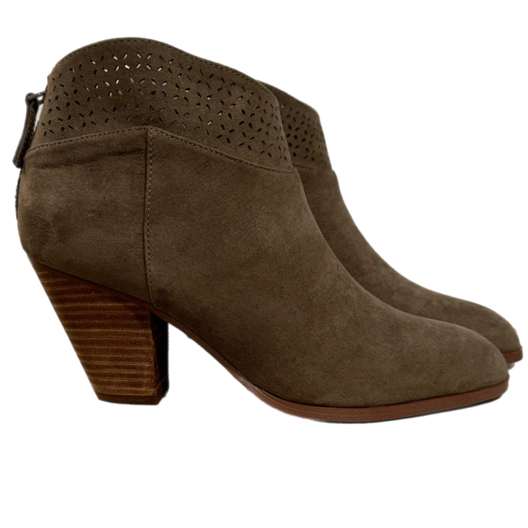 Violet & Red Jackson Lazer Cut Topline Boho Chic Heeled Bootie Taupe