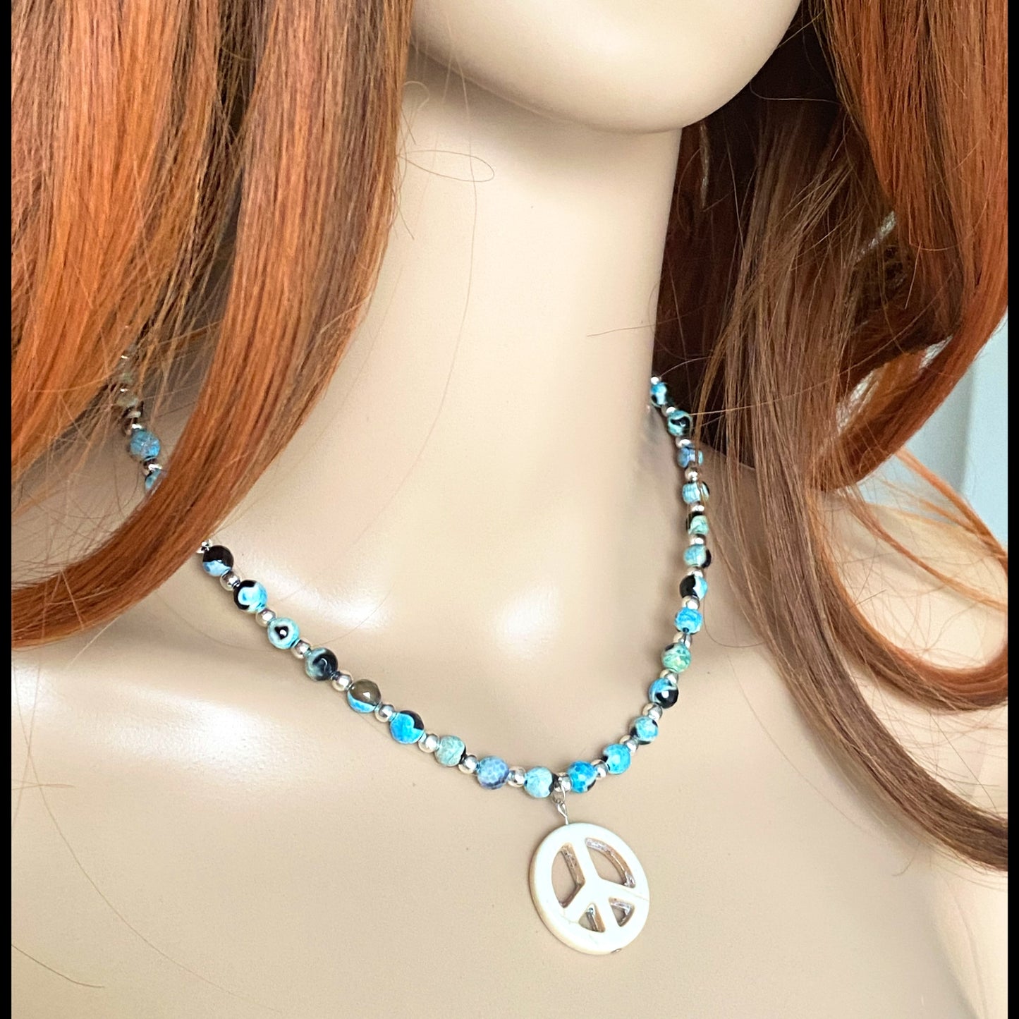 Handmade Beaded Hippie Necklace Ocean Blue Agate Stone Boho Peace Pendant 17”