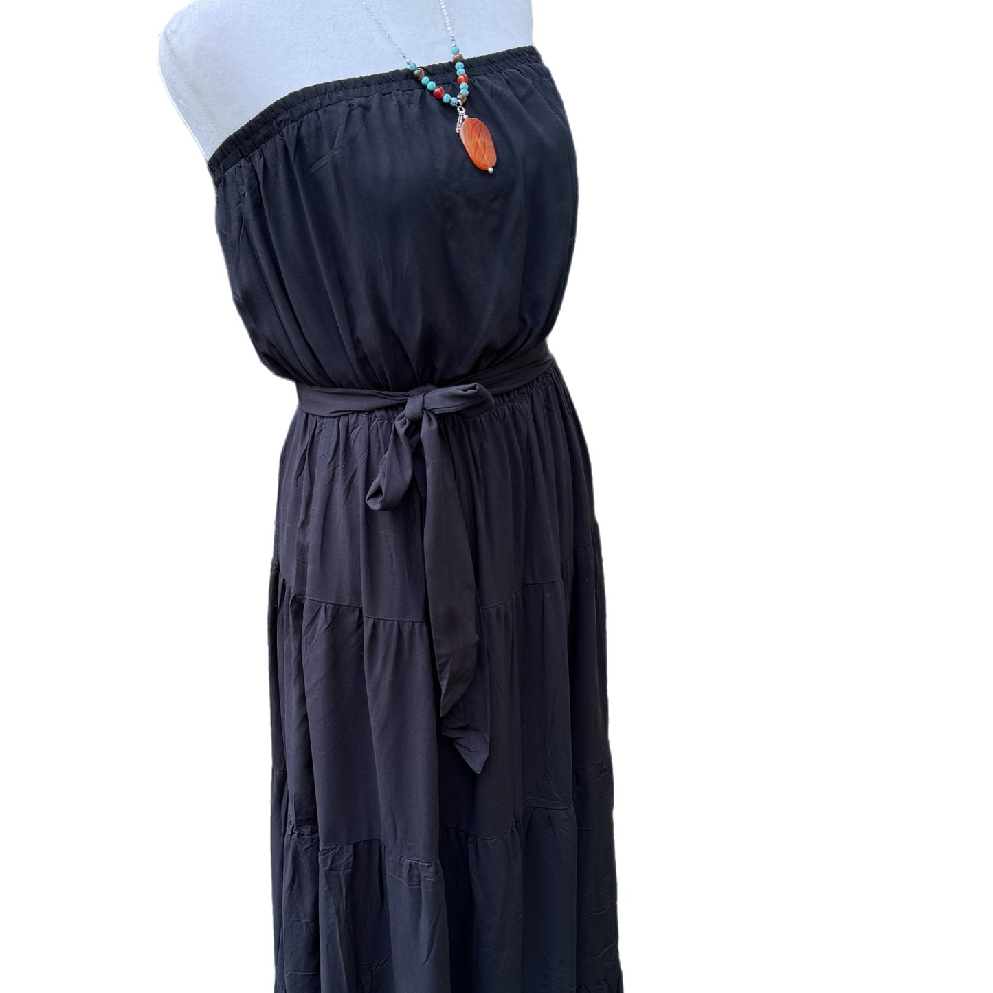 Elegant Off-Shoulder Ruffle Dress in Midnight Black Tie Waist Design Maxi