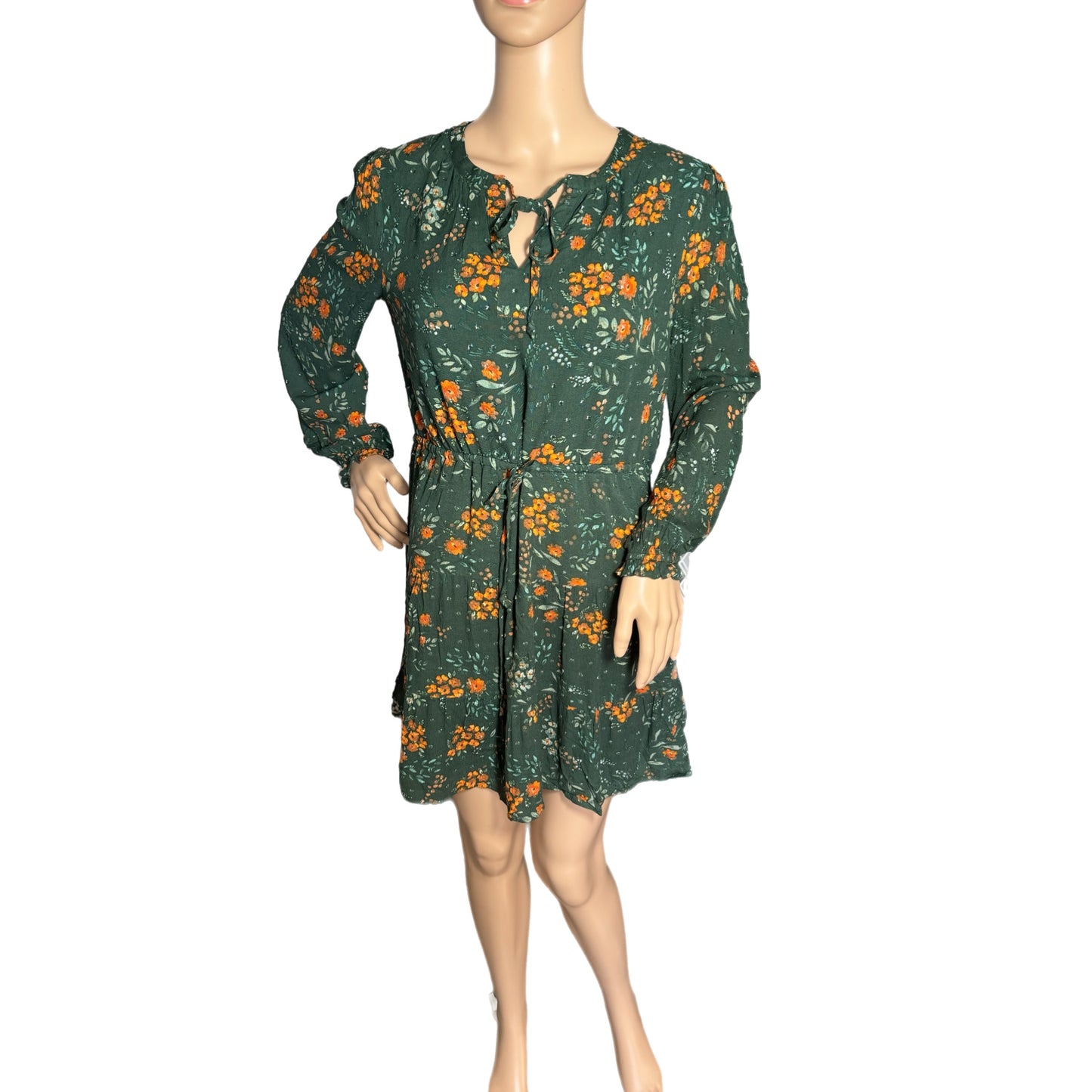 DANIEL RAINN Boho Floral Autumn Dress Green Long Sleeve Split Neck