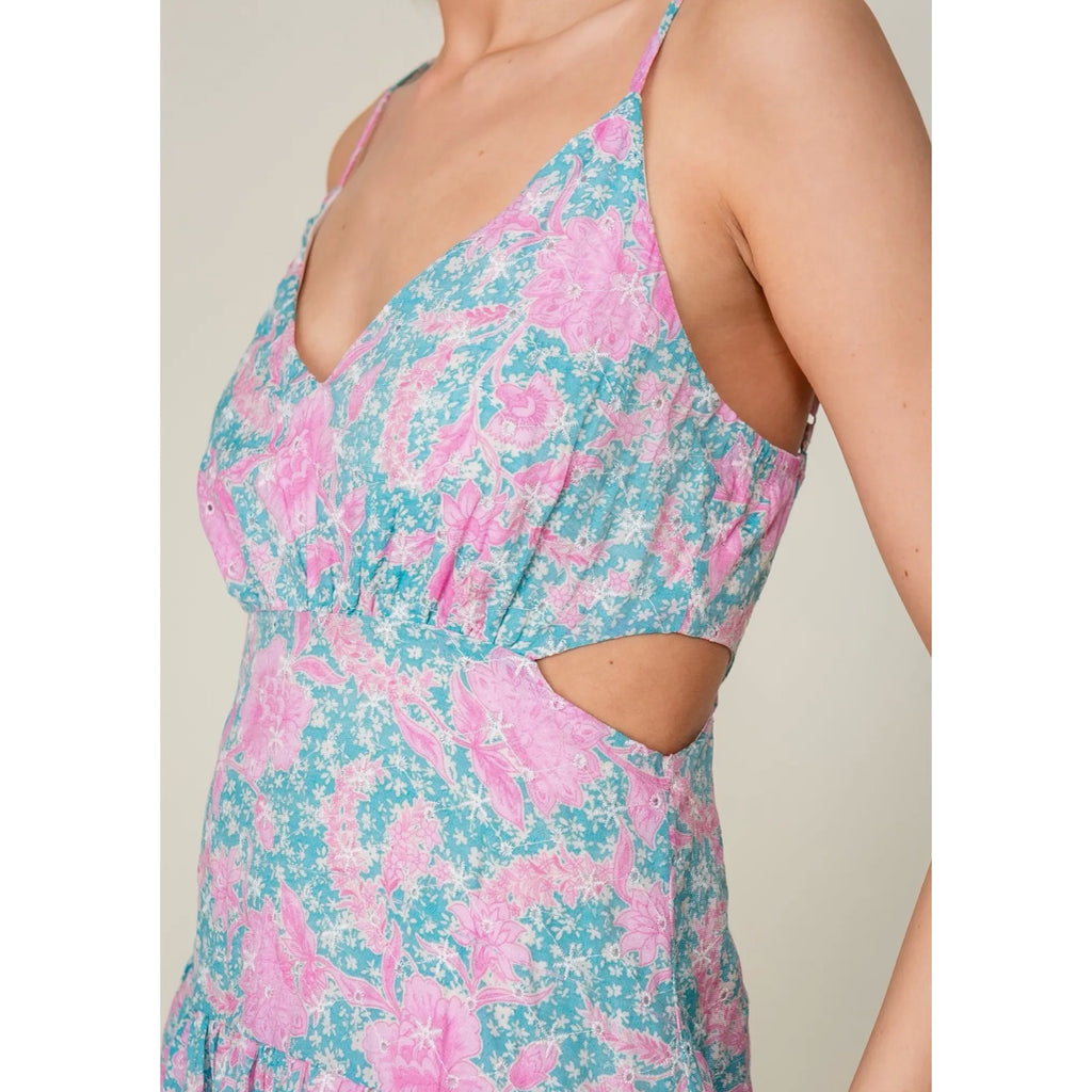 Lumiere Coastal Pink & Blue Embroidered Floral Tiered Mini Dress Ruffle
