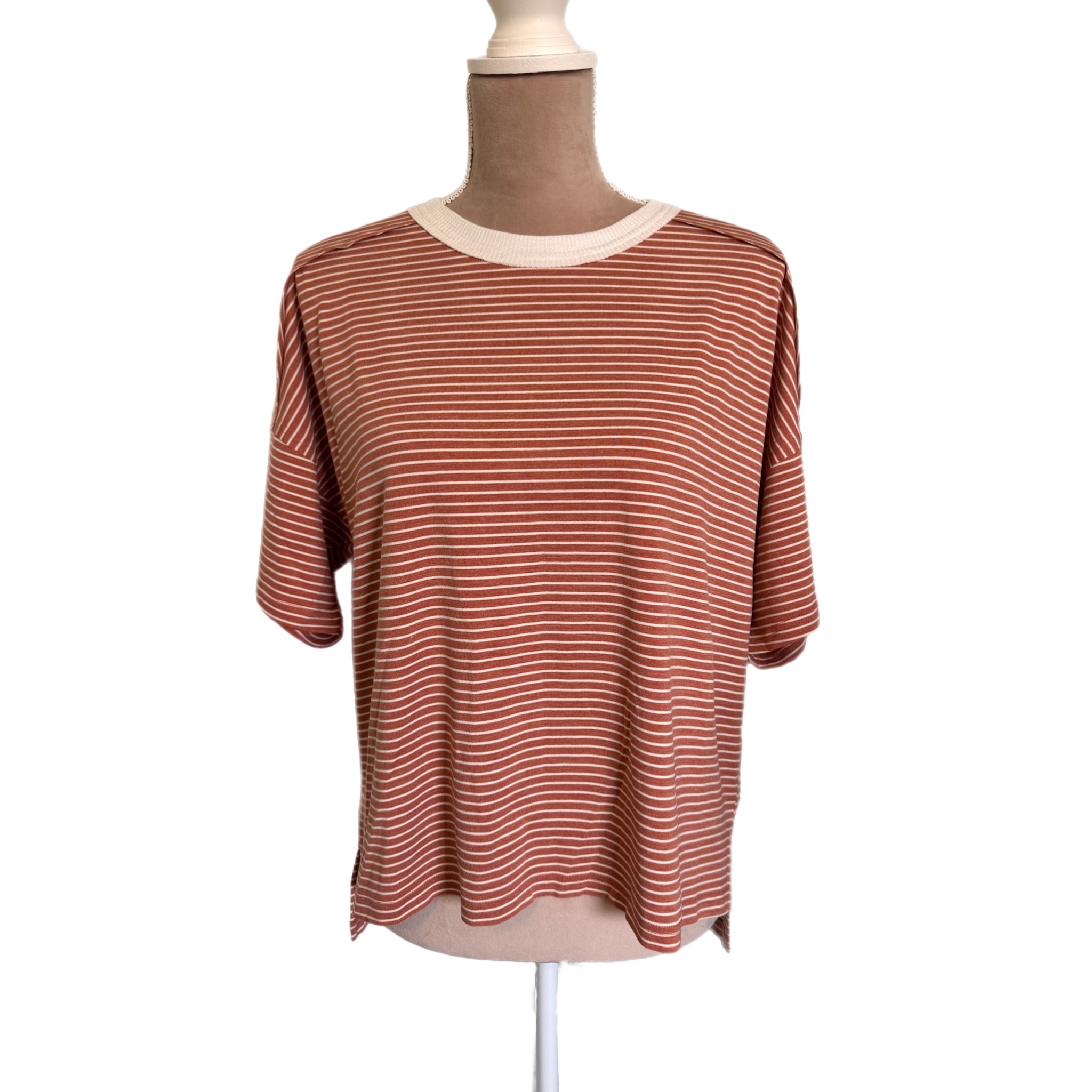 LA MIEL Boho Chic Terracotta Striped Top Drop-Shoulder Tee