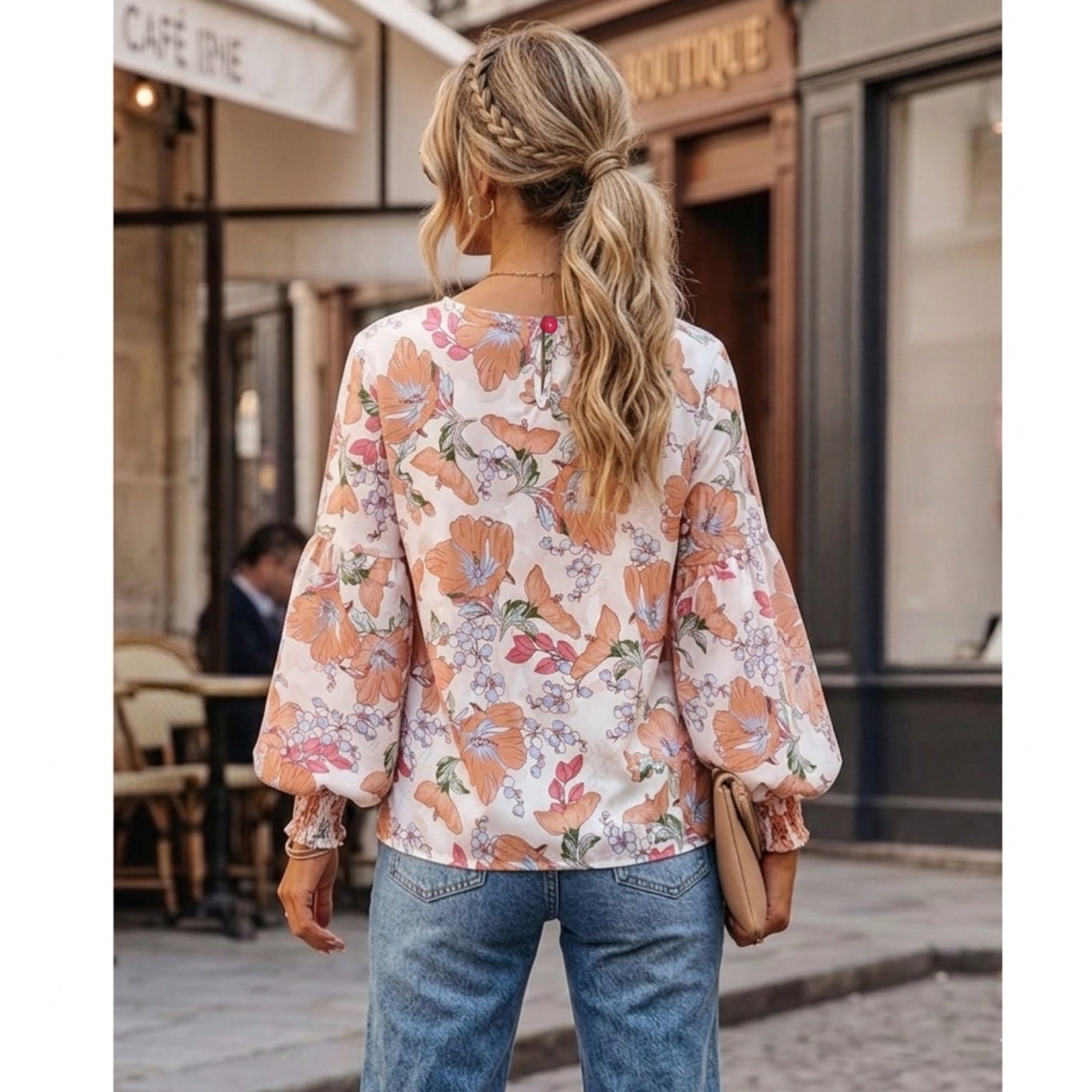 Aria Floral Balloon-Sleeve Blouse in Coastal Summer Peach & Ivory