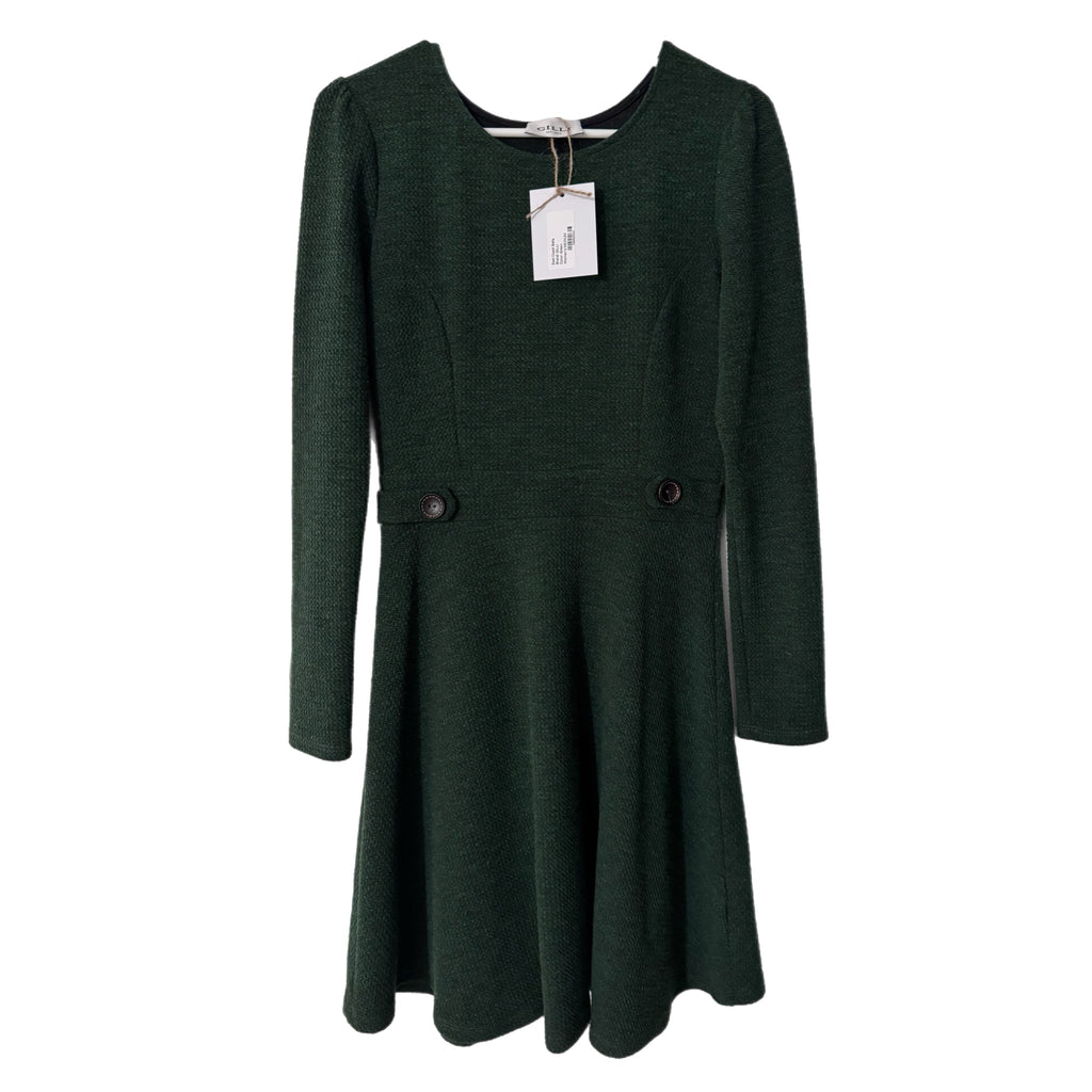 Gilli Textured Fit & Flare Dress Long Puff Sleeve in Dark Green