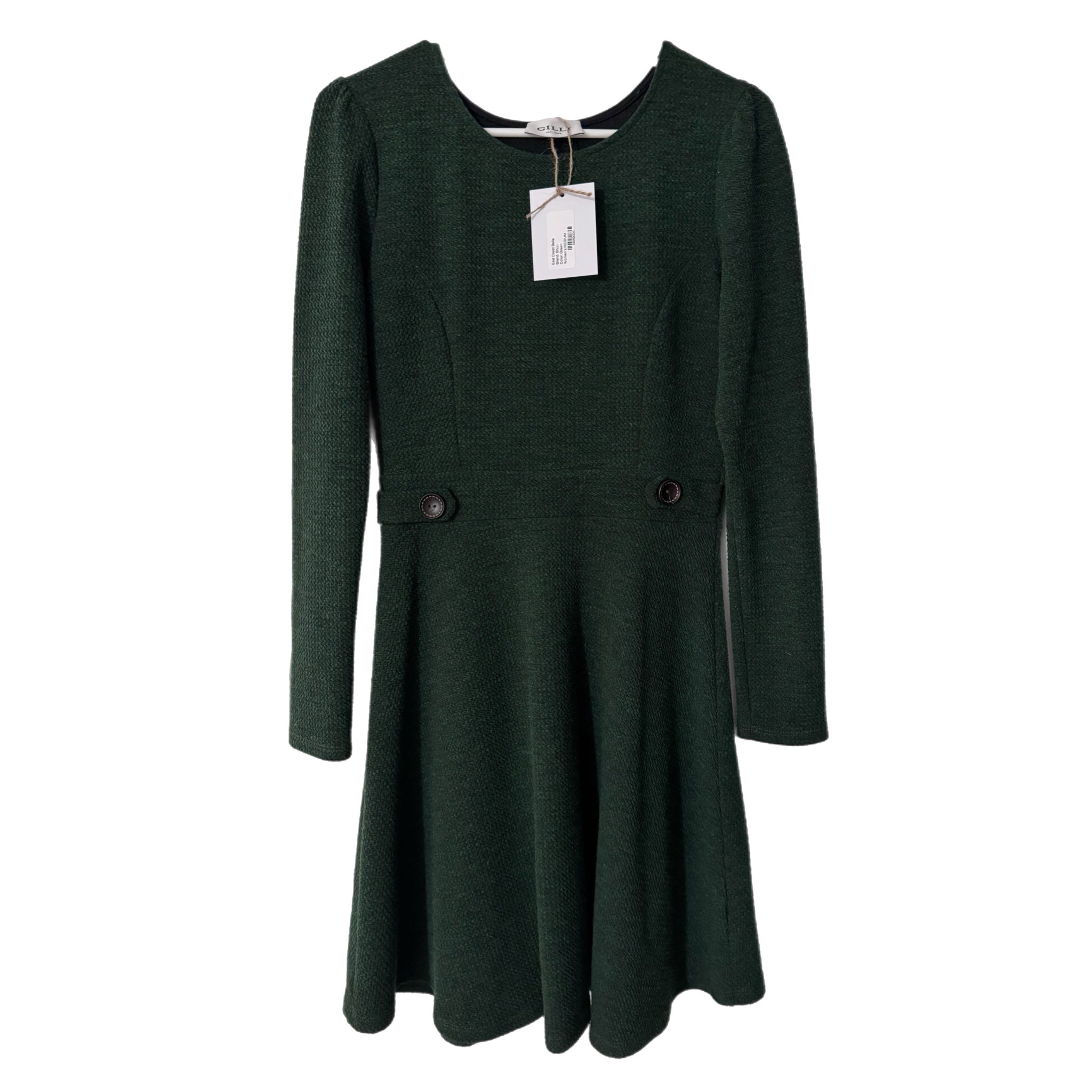 Gilli Textured Fit & Flare Dress Long Puff Sleeve in Dark Green