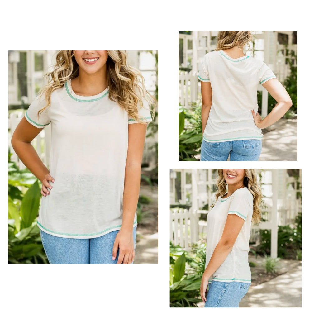 Daisy Rae Coastal Breeze Contrast Stitch Tee Shirt Cream & Seafoam