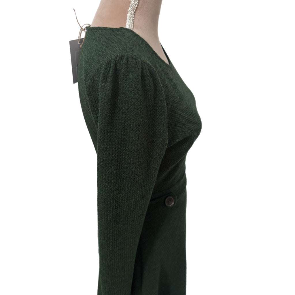 Gilli Textured Fit & Flare Dress Long Puff Sleeve in Dark Green
