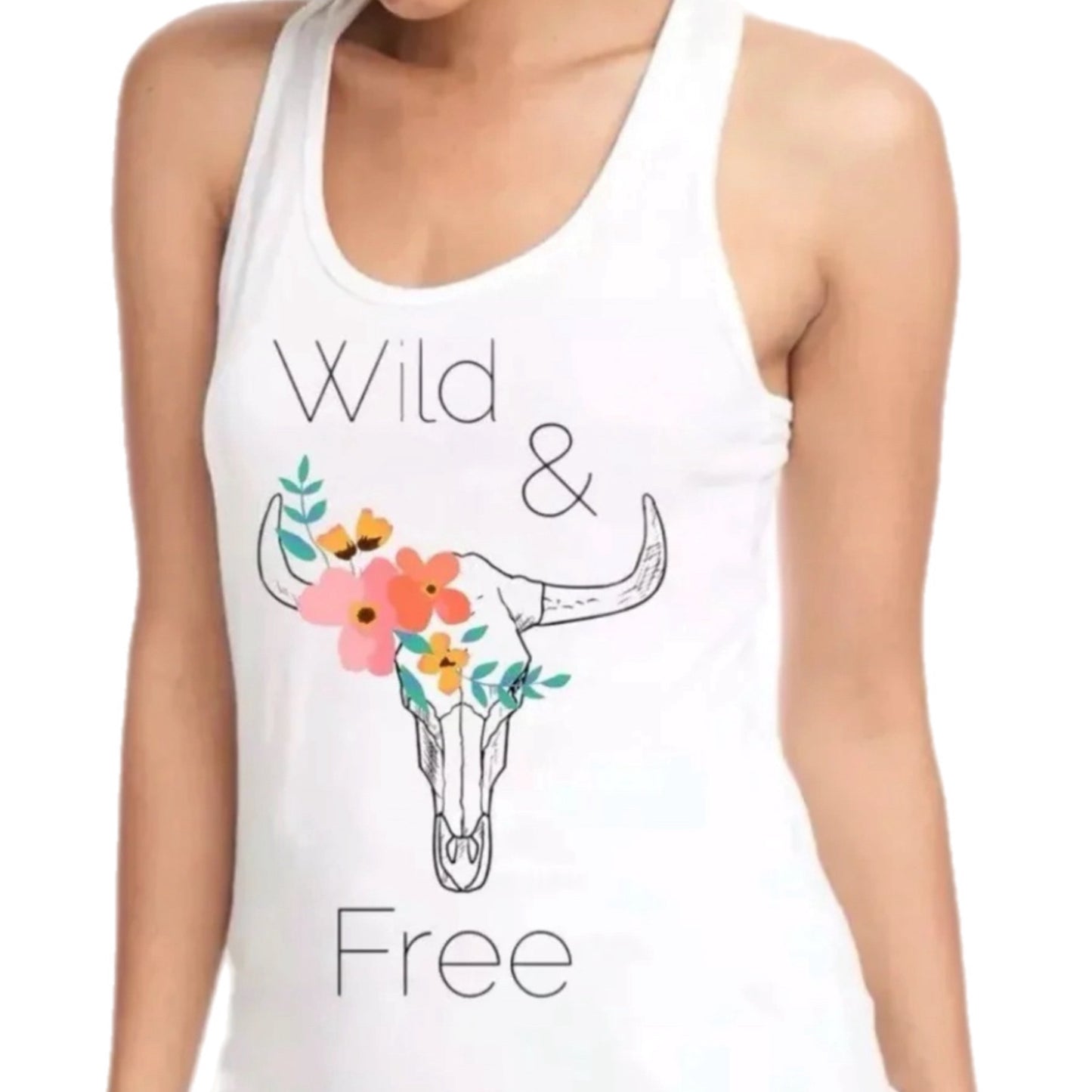 “Wild And Free” Boho Western White Tank Top Racer Back Shirt