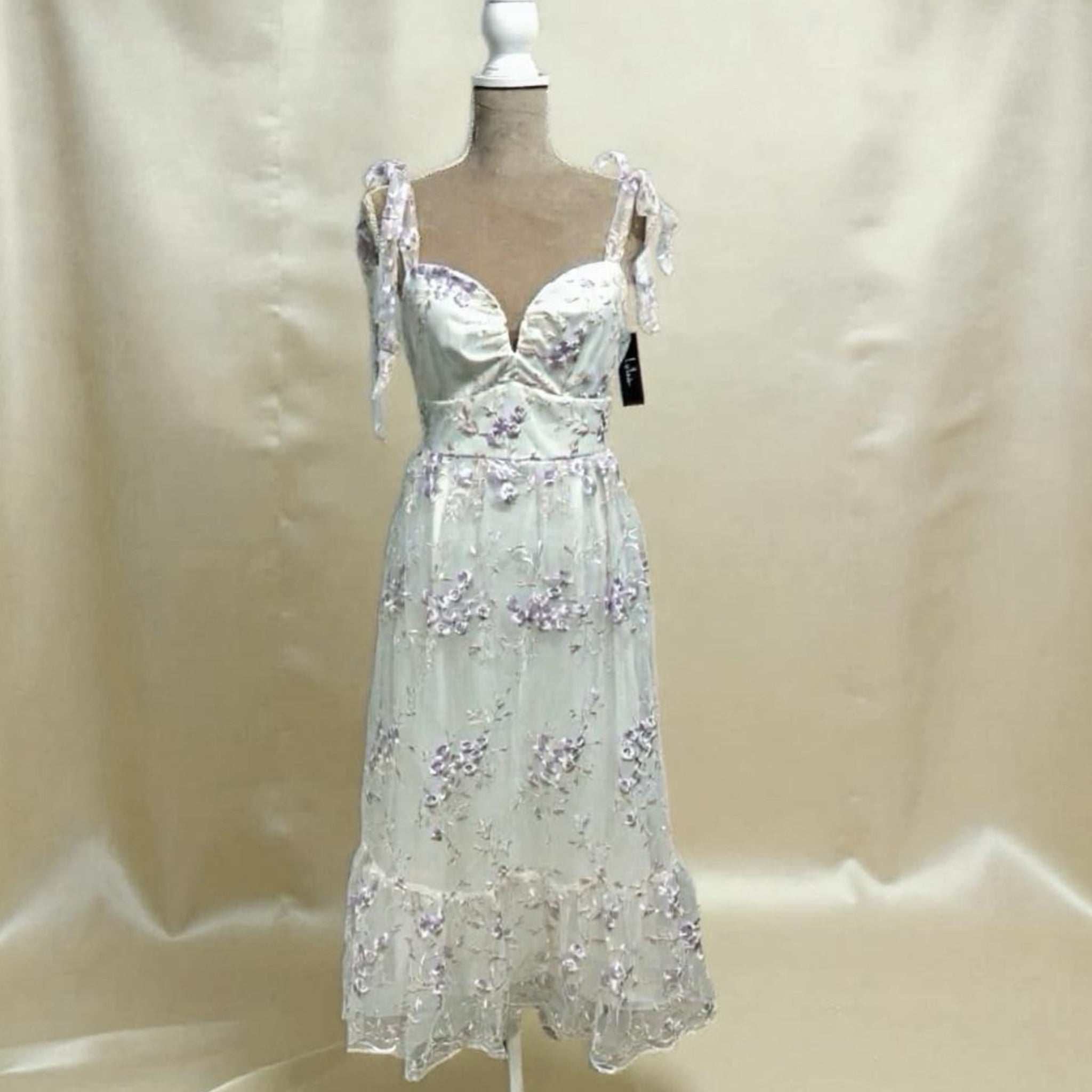 Lulus Romantic Embroidered Tulle Midi Dress White Lilac Pink Floral