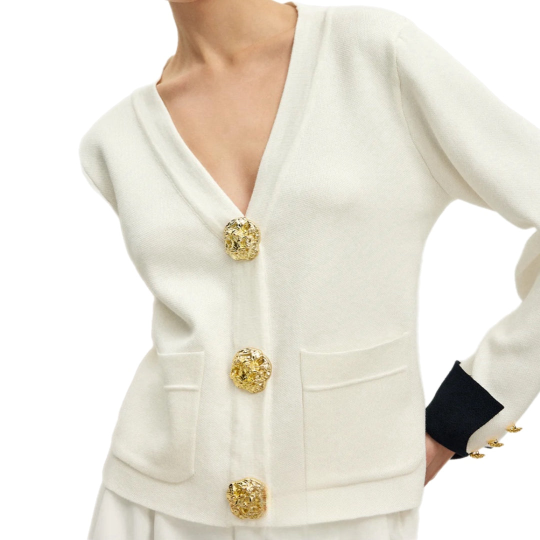 Diana Cardigan Knit Contrast Cuff Large Gold Snap Buttons Cream or Black