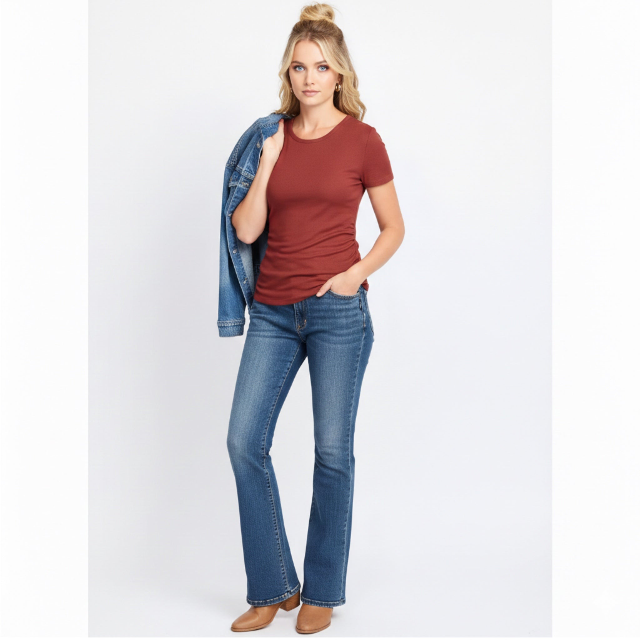 THREADS 4 THOUGHT Cecilia Feather Rib Ruched Tee in Burnt Orange