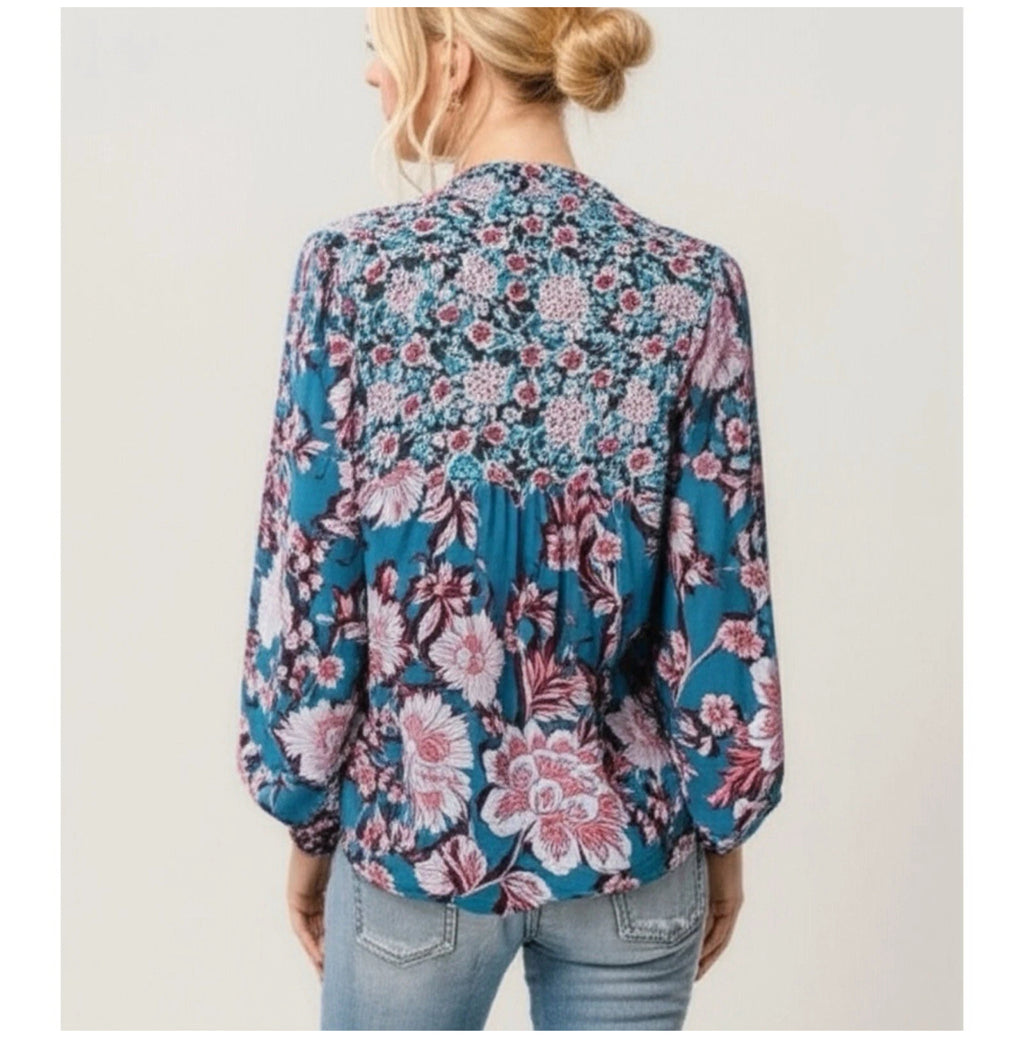 BAND OF THE FREE Josie Blue Floral Print Long Sleeve V Neck Blouse